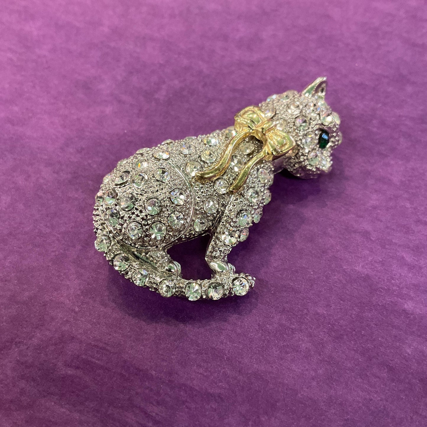 Vintage 1980s Crystal Cat Brooch, gold tone with silver and green rhinestones, gift boxed