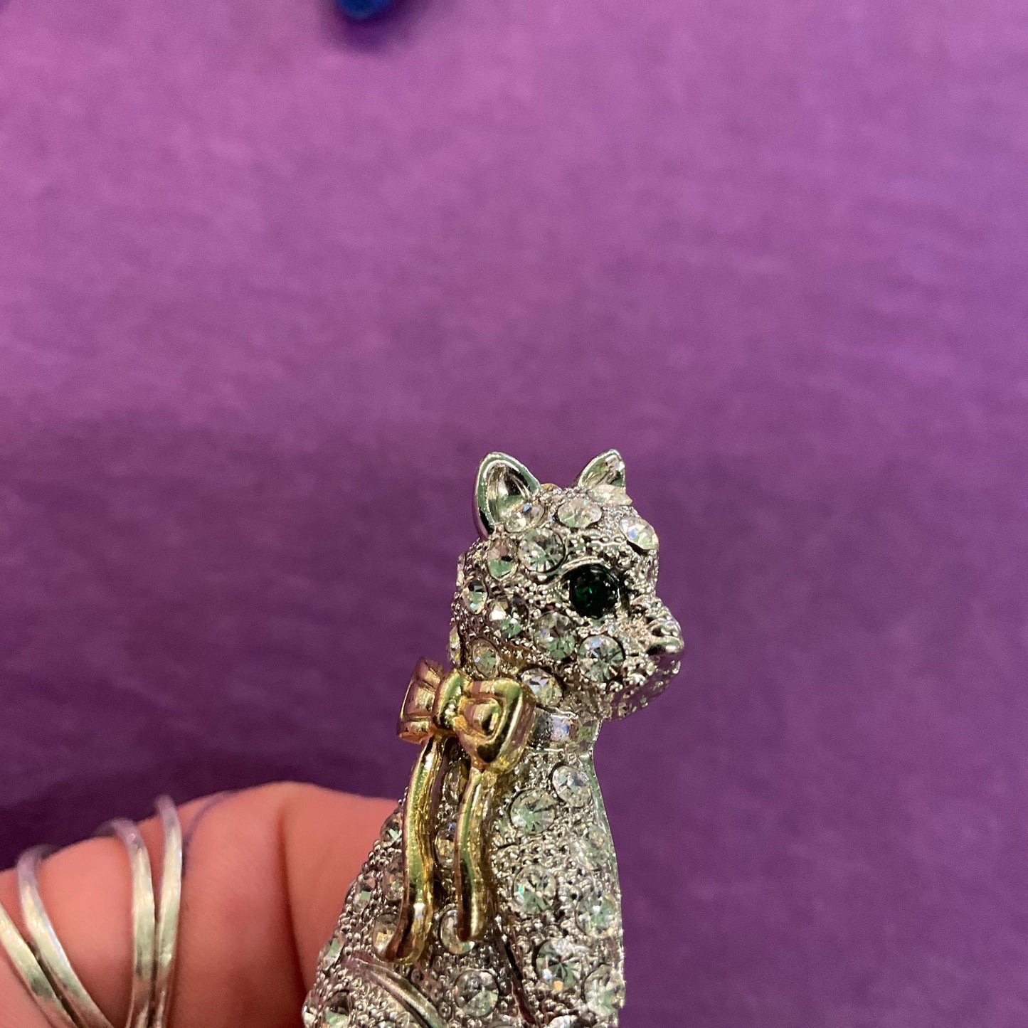 Vintage 1980s Crystal Cat Brooch, gold tone with silver and green rhinestones, gift boxed