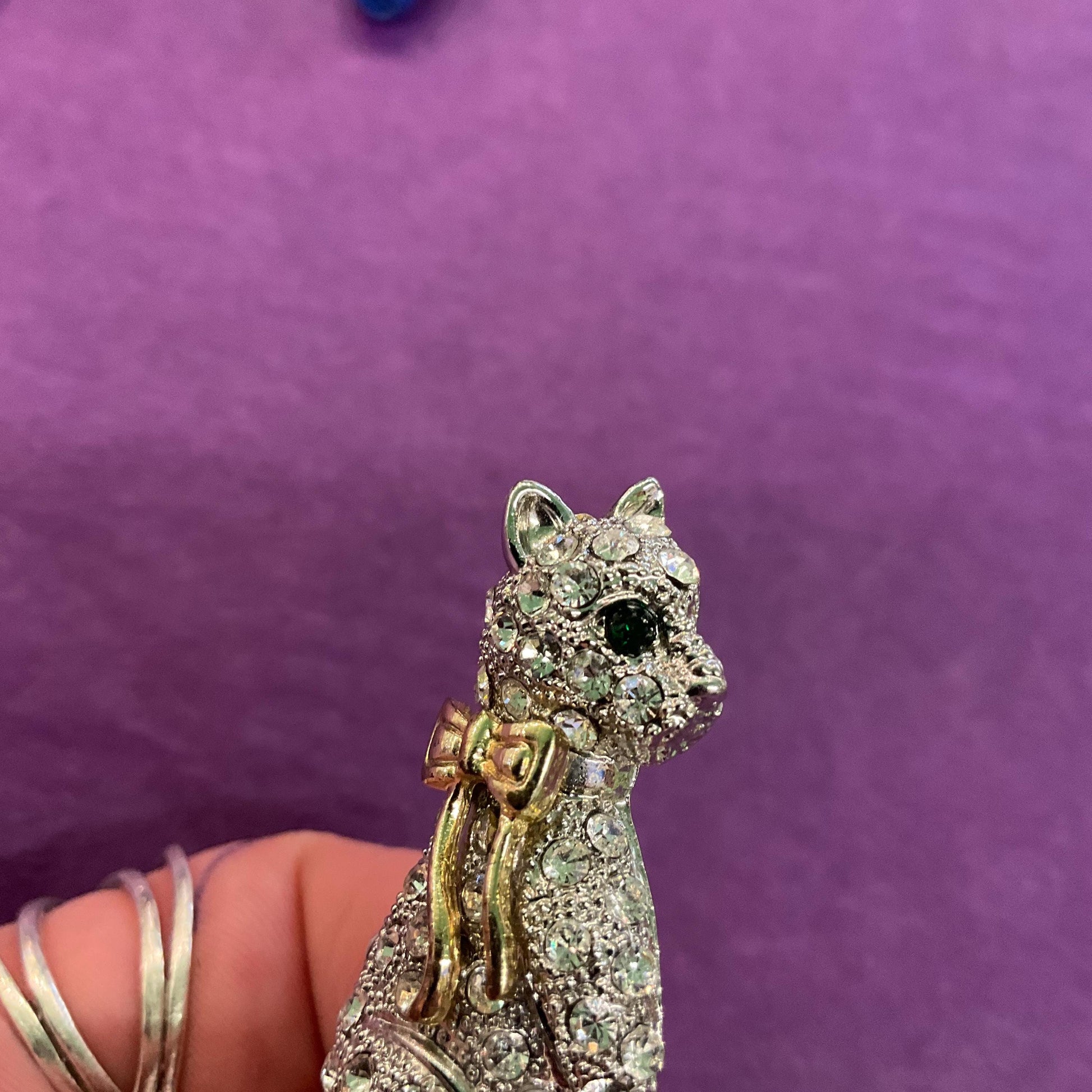 Vintage 1980s Crystal Cat Brooch, gold tone with silver and green rhinestones, gift boxed