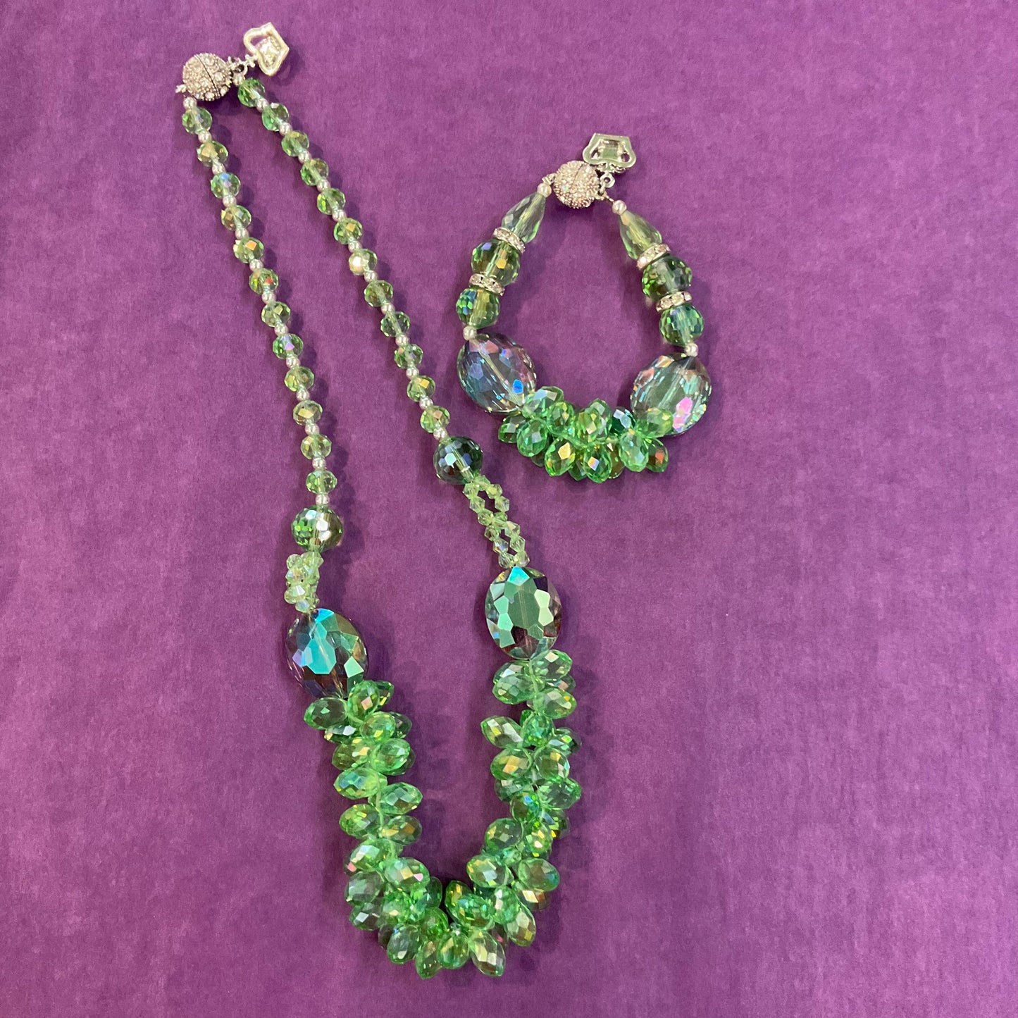 Vintage Butler and Wilson Green Crystal Bracelet, Borealis green crystal and silver rhinestones, as new in original box