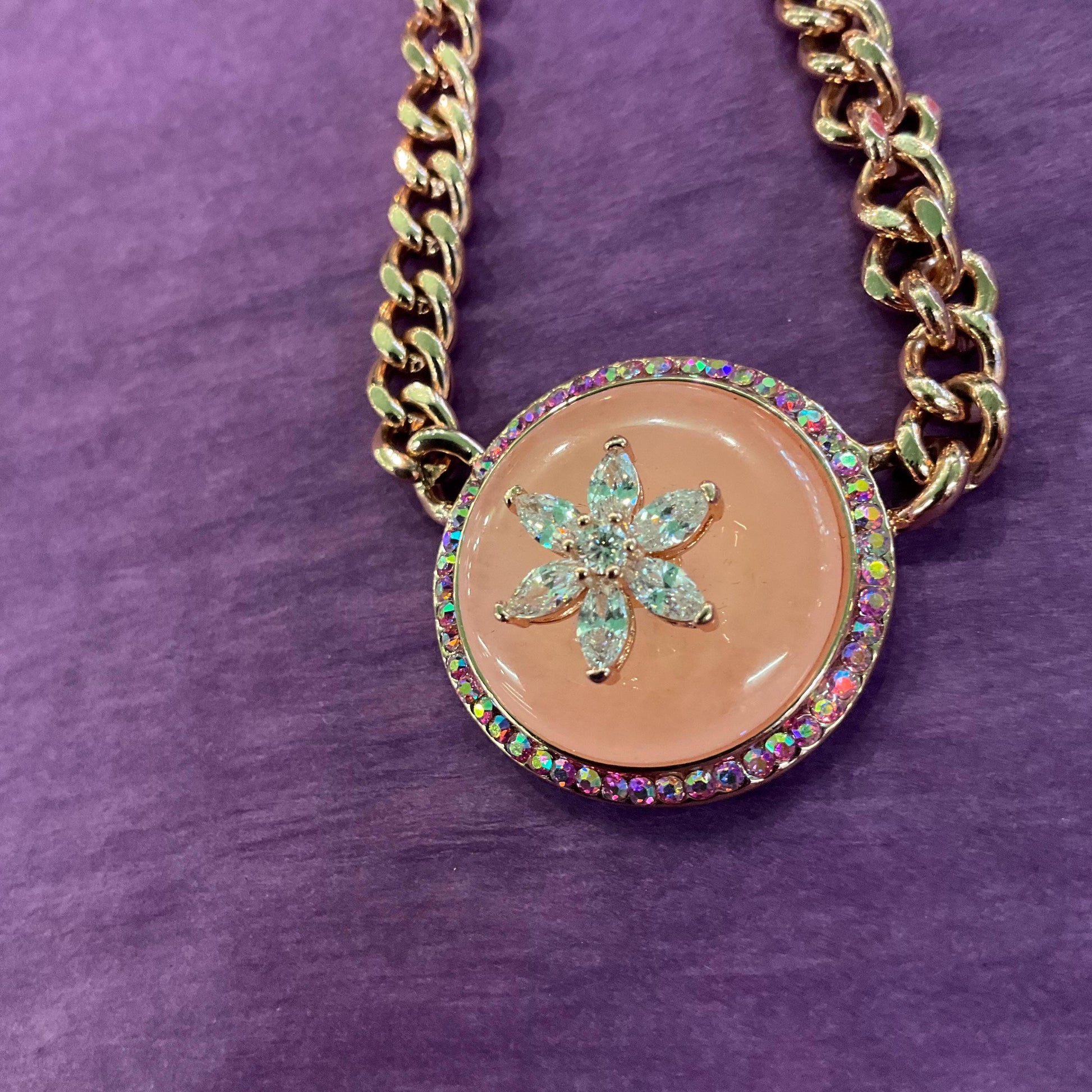 Vintage Butler and Wilson Rose Gold Tone Pink Donut Crystal Necklace, Aurora Borealis and Silver Rhinestones