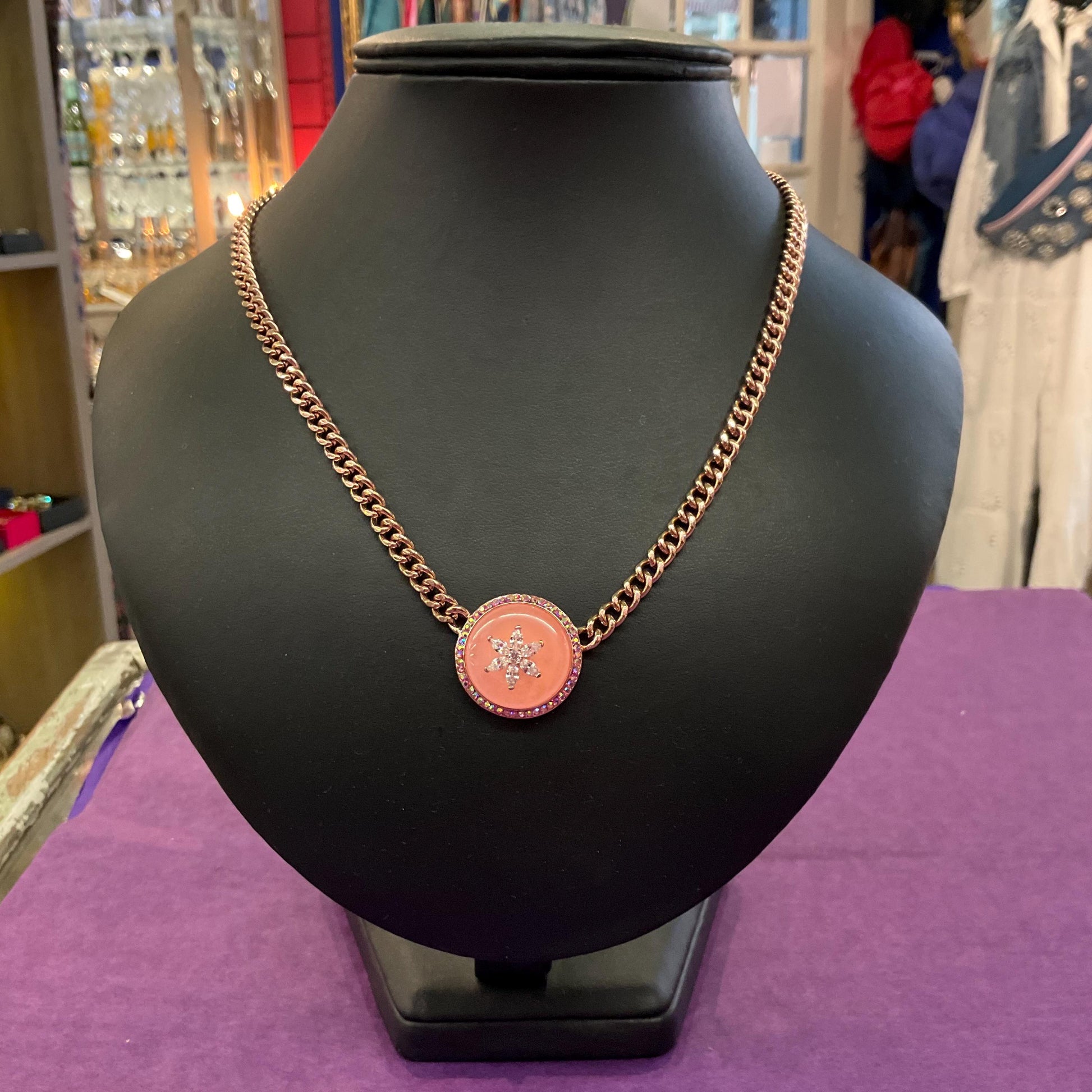 Vintage Butler and Wilson Rose Gold Tone Pink Donut Crystal Necklace, Aurora Borealis and Silver Rhinestones