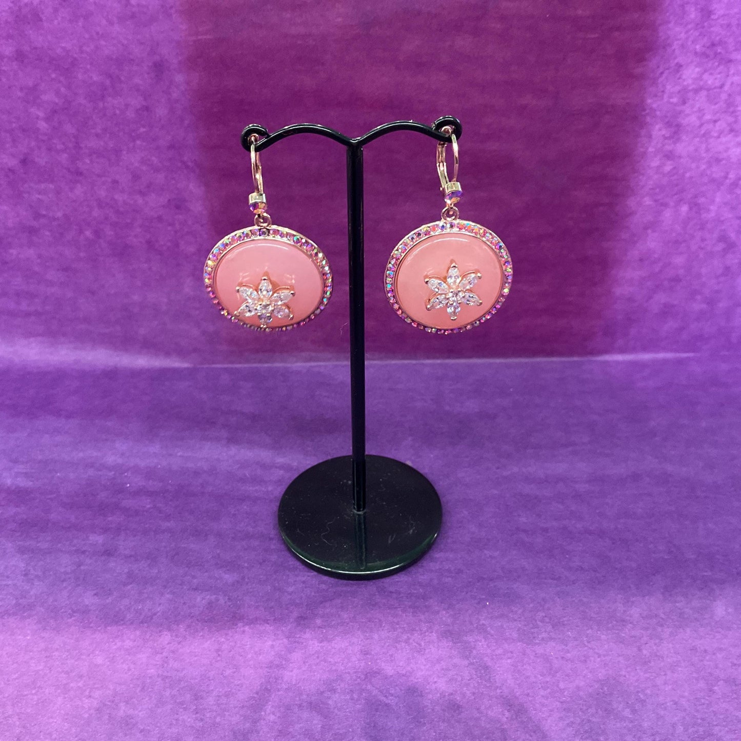 Vintage Butler and Wilson Rose Gold Tone Pink Donut Crystal Drop Earrings, silver crystal flower and rainbow rhinestones