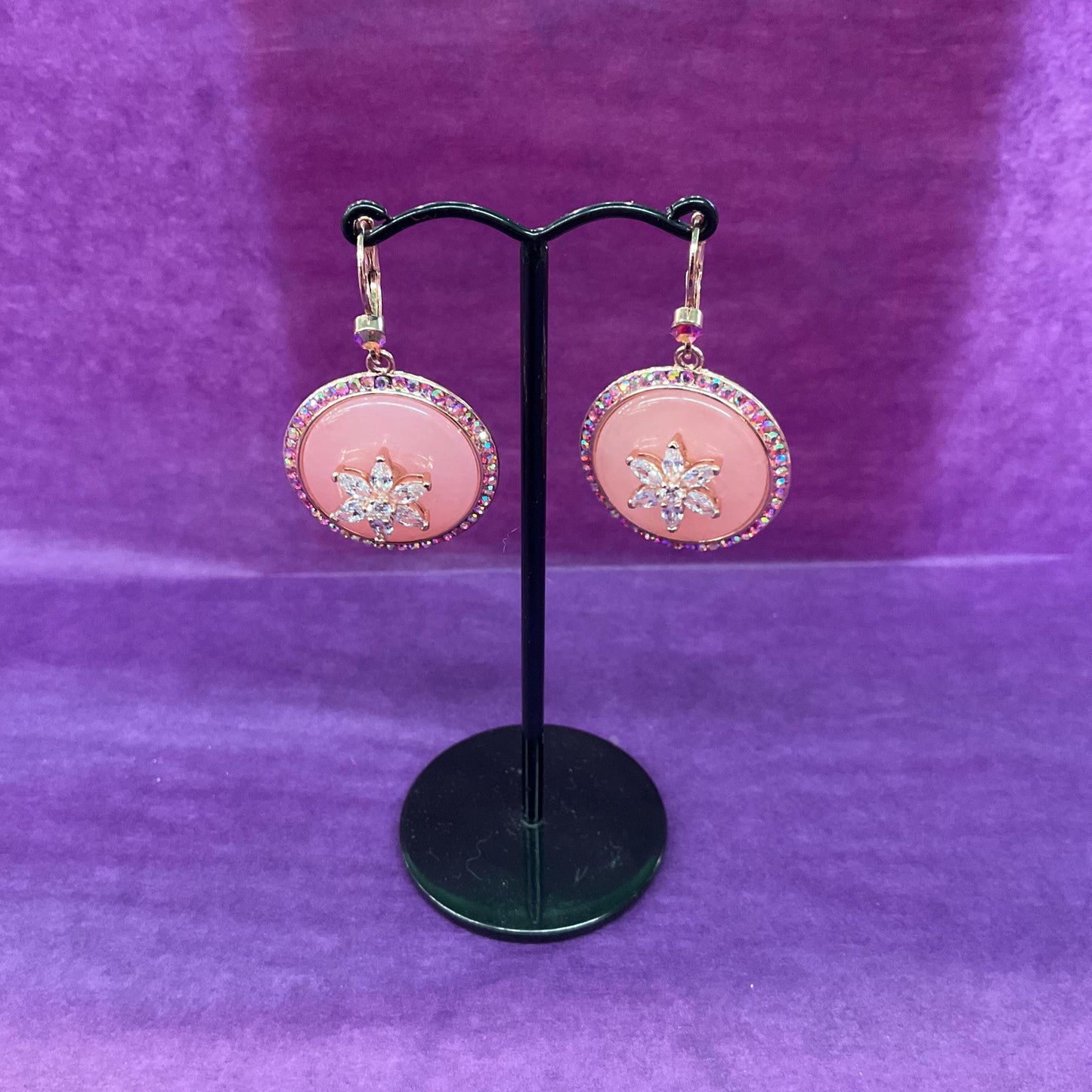 Vintage Butler and Wilson Rose Gold Tone Pink Donut Crystal Drop Earrings, silver crystal flower and rainbow rhinestones