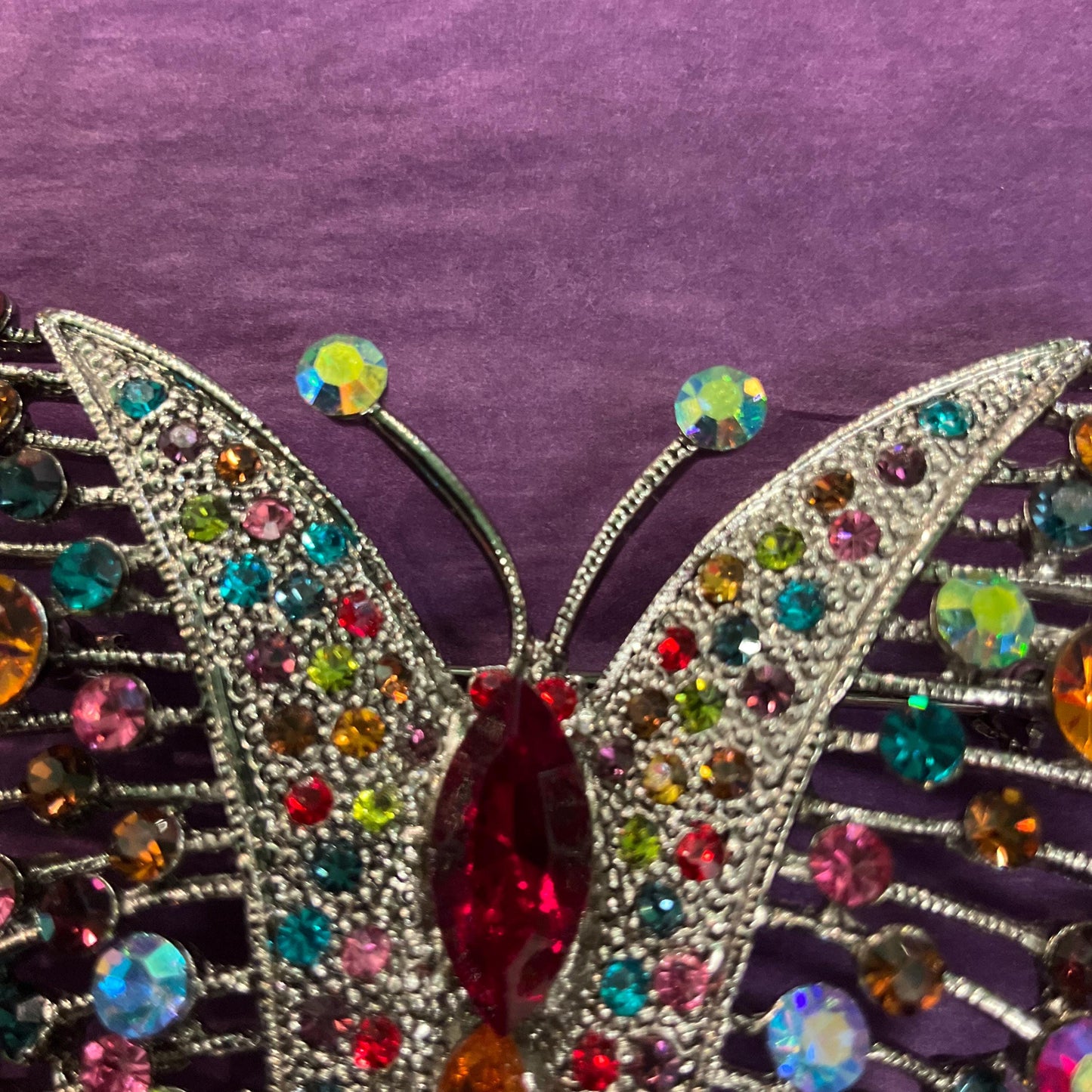 Vintage Butler and Wilson Rainbow Crystal Large Butterfly Brooch, silver tone with multicoloured crystals and rhinestones