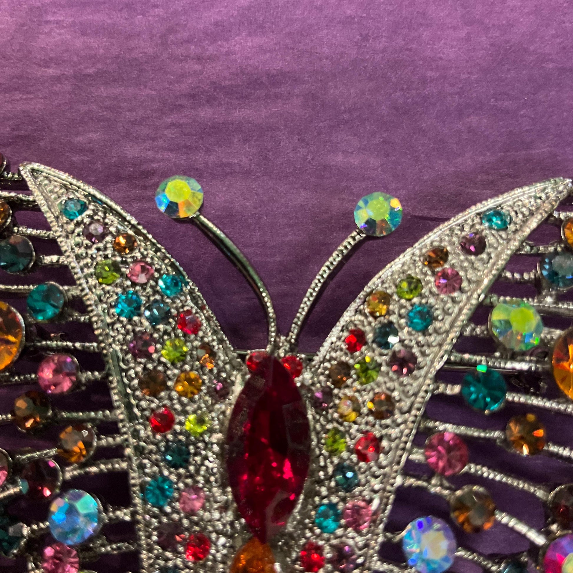 Vintage Butler and Wilson Rainbow Crystal Large Butterfly Brooch, silver tone with multicoloured crystals and rhinestones