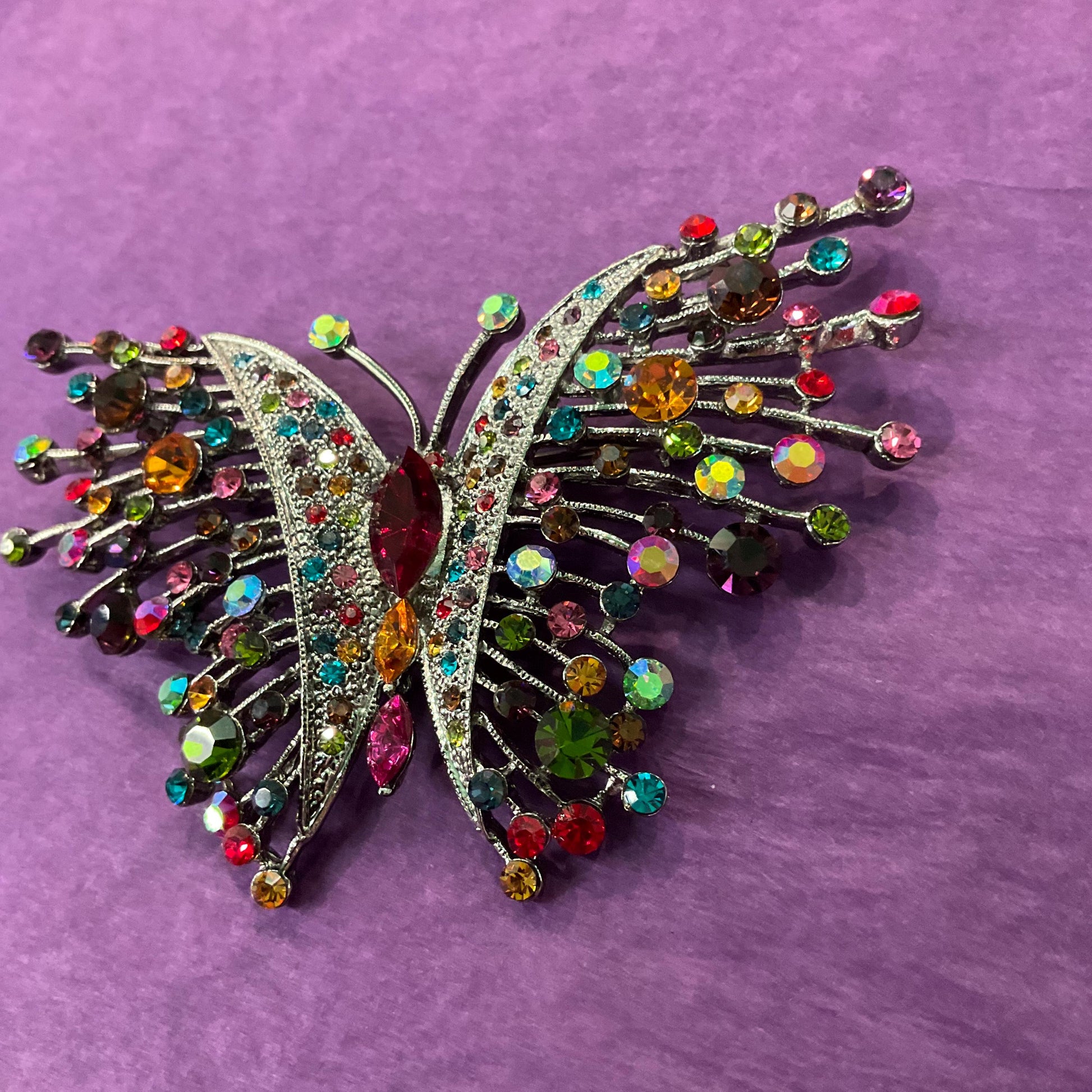 Vintage Butler and Wilson Rainbow Crystal Large Butterfly Brooch, silver tone with multicoloured crystals and rhinestones