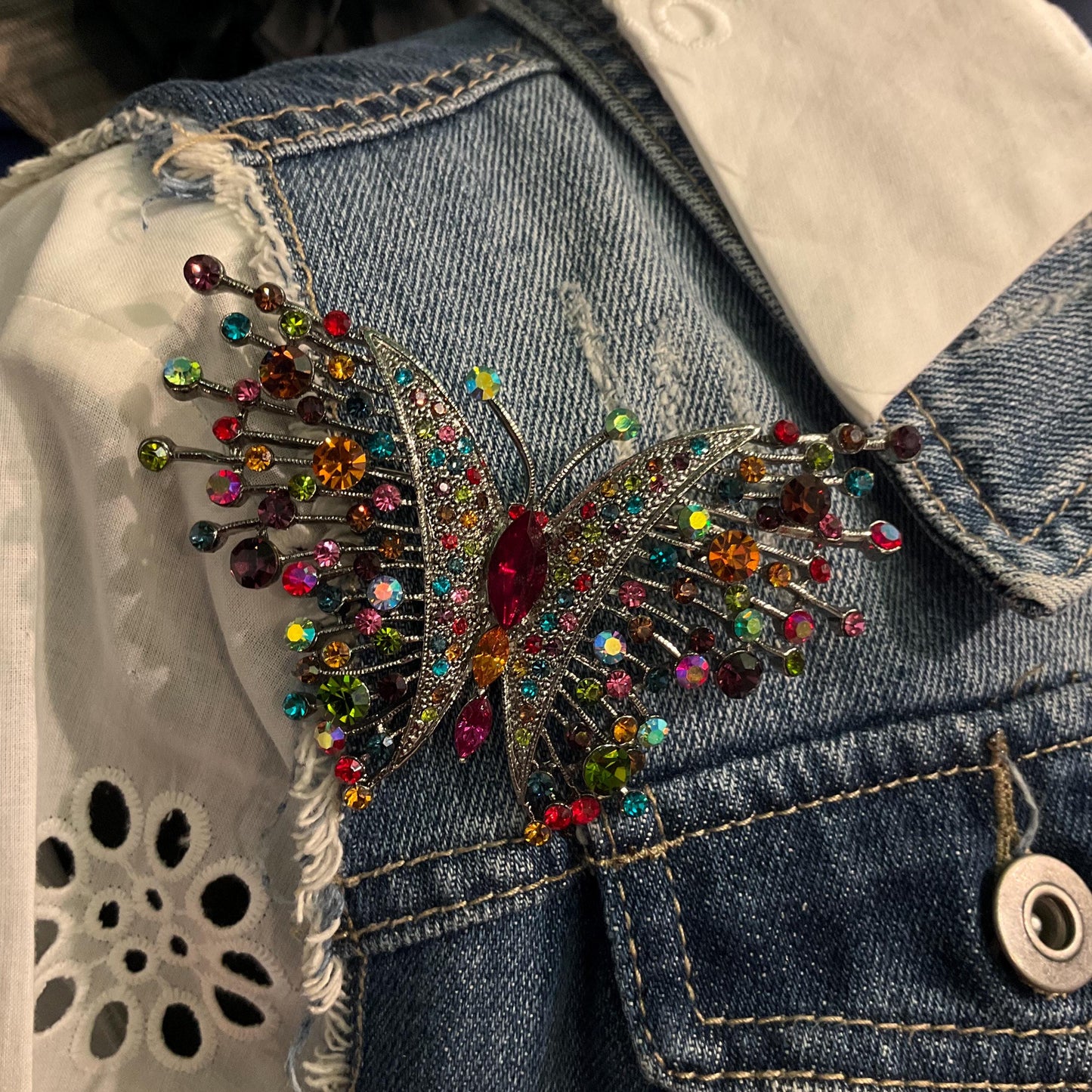 Vintage Butler and Wilson Rainbow Crystal Large Butterfly Brooch, silver tone with multicoloured crystals and rhinestones