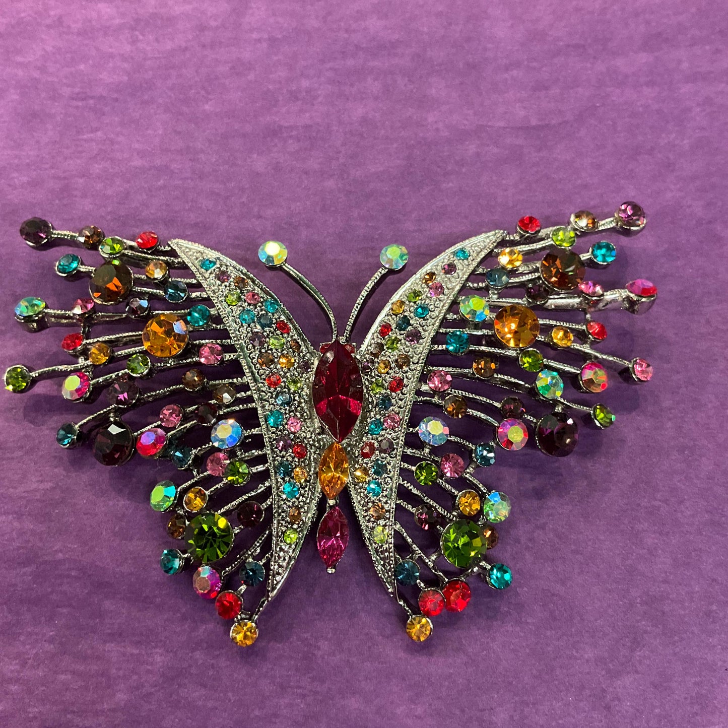 Vintage Butler and Wilson Rainbow Crystal Large Butterfly Brooch, silver tone with multicoloured crystals and rhinestones