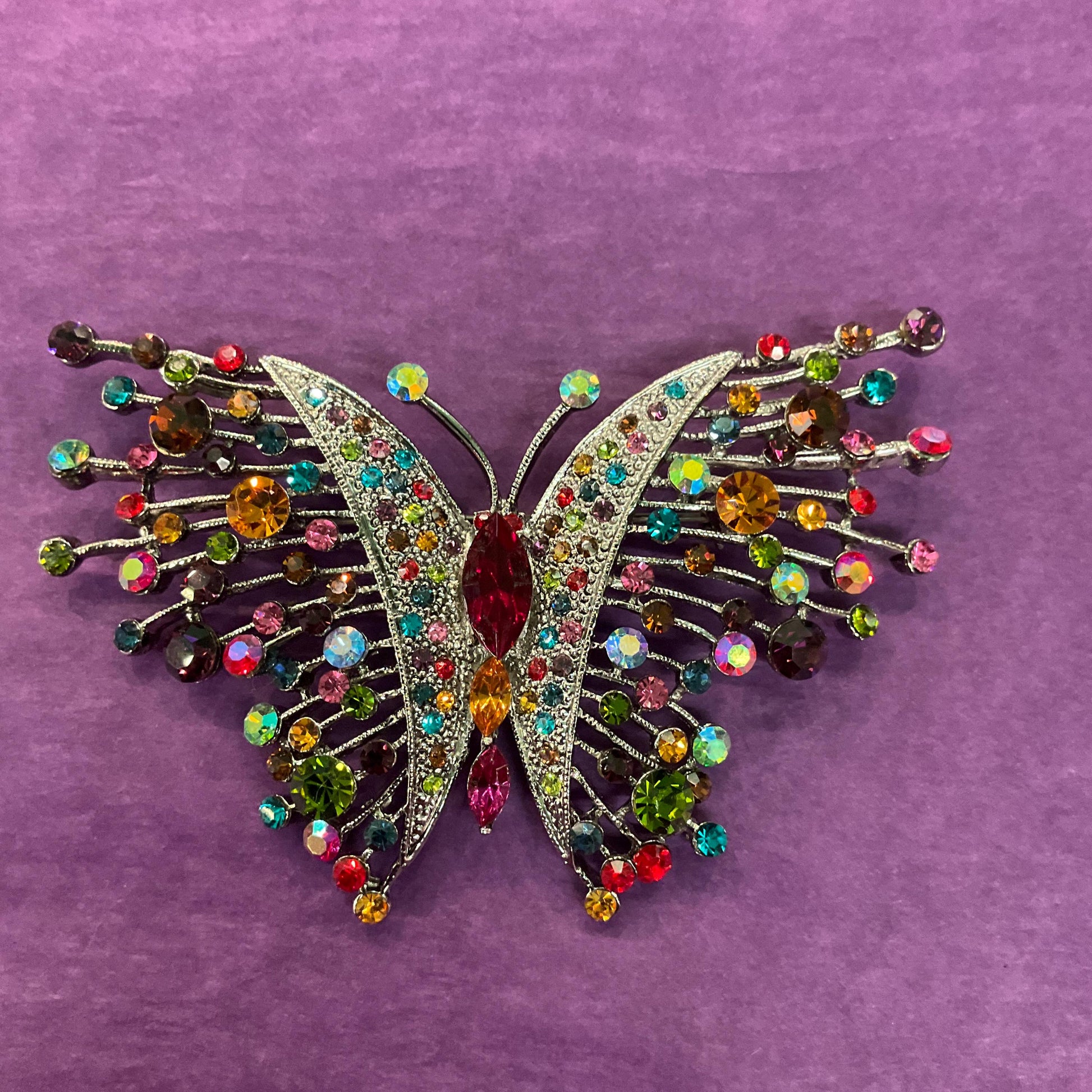 Vintage Butler and Wilson Rainbow Crystal Large Butterfly Brooch, silver tone with multicoloured crystals and rhinestones