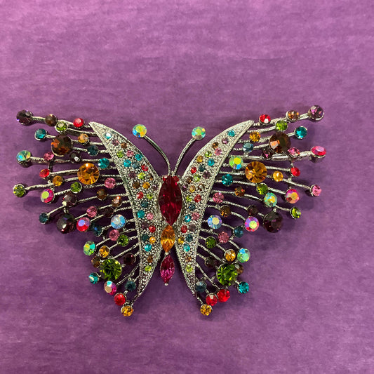 Vintage Butler and Wilson Rainbow Crystal Large Butterfly Brooch, silver tone with multicoloured crystals and rhinestones