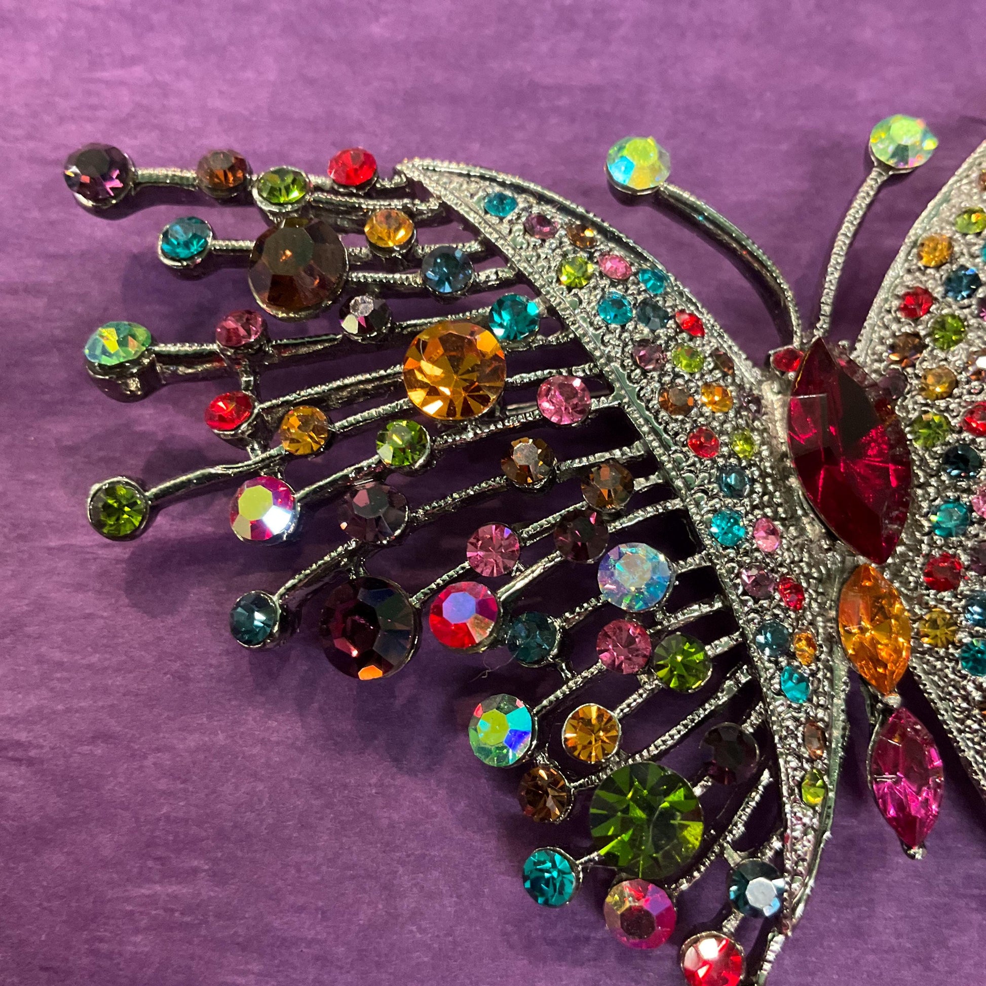 Vintage Butler and Wilson Rainbow Crystal Large Butterfly Brooch, silver tone with multicoloured crystals and rhinestones