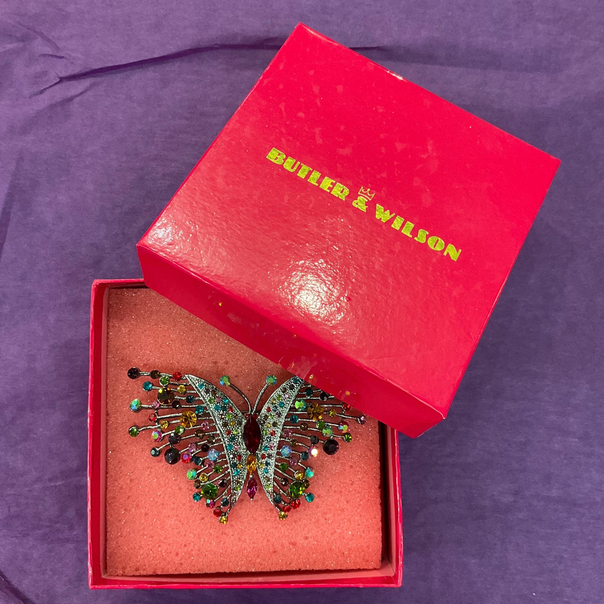 Vintage Butler and Wilson Rainbow Crystal Large Butterfly Brooch, silver tone with multicoloured crystals and rhinestones