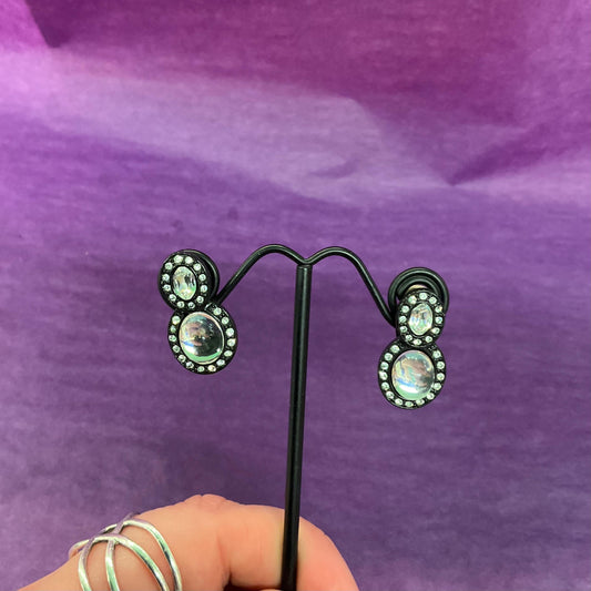Vintage Butler and Wilson Black and Silver Crystal Clip on Earrings, Silver Domed Crystals and Rhinestones