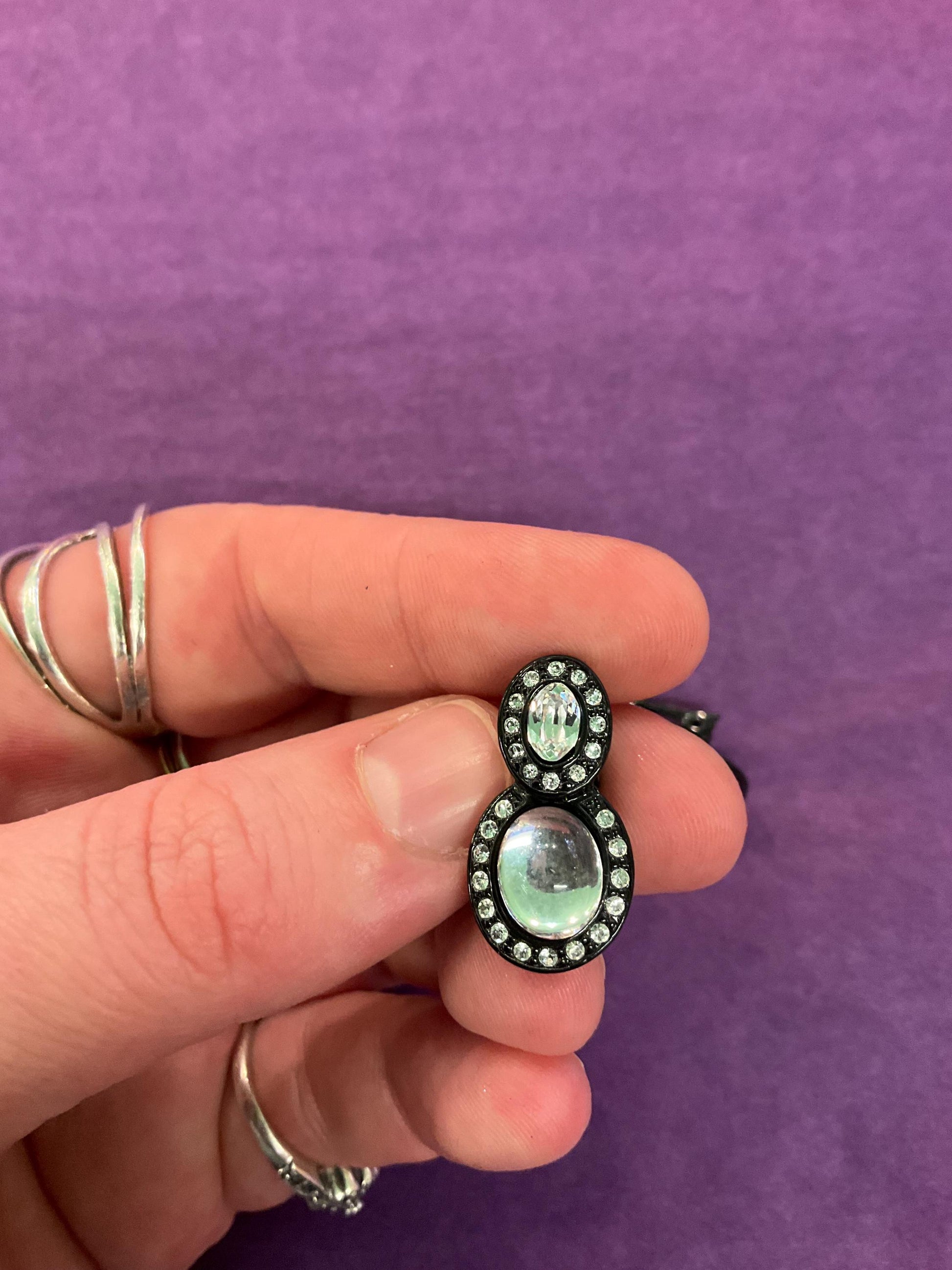 Vintage Butler and Wilson Black and Silver Crystal Clip on Earrings, Silver Domed Crystals and Rhinestones