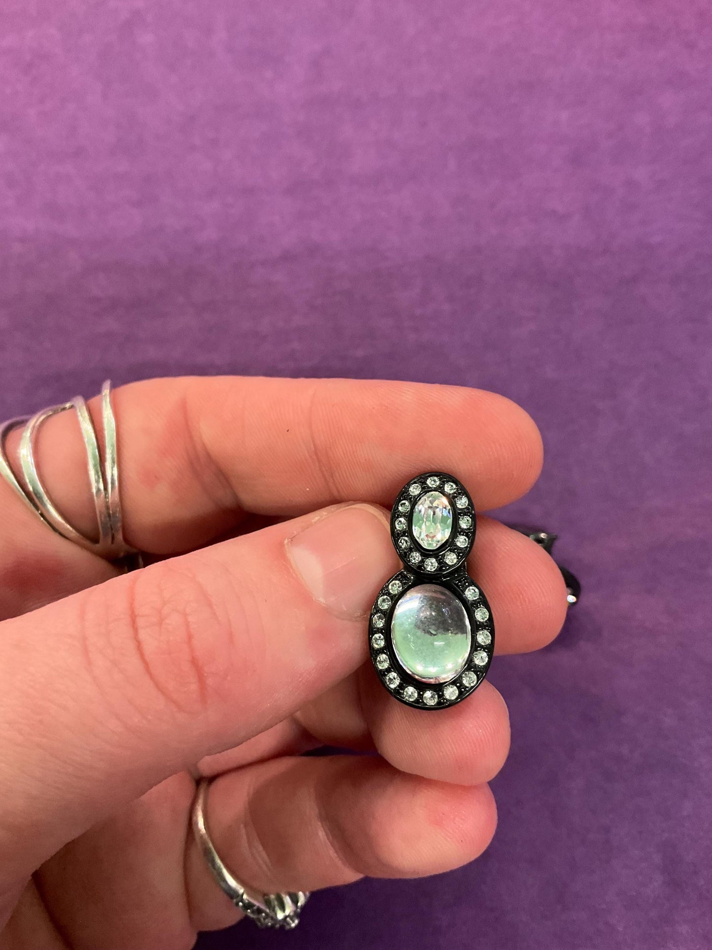 Vintage Butler and Wilson Black and Silver Crystal Clip on Earrings, Silver Domed Crystals and Rhinestones