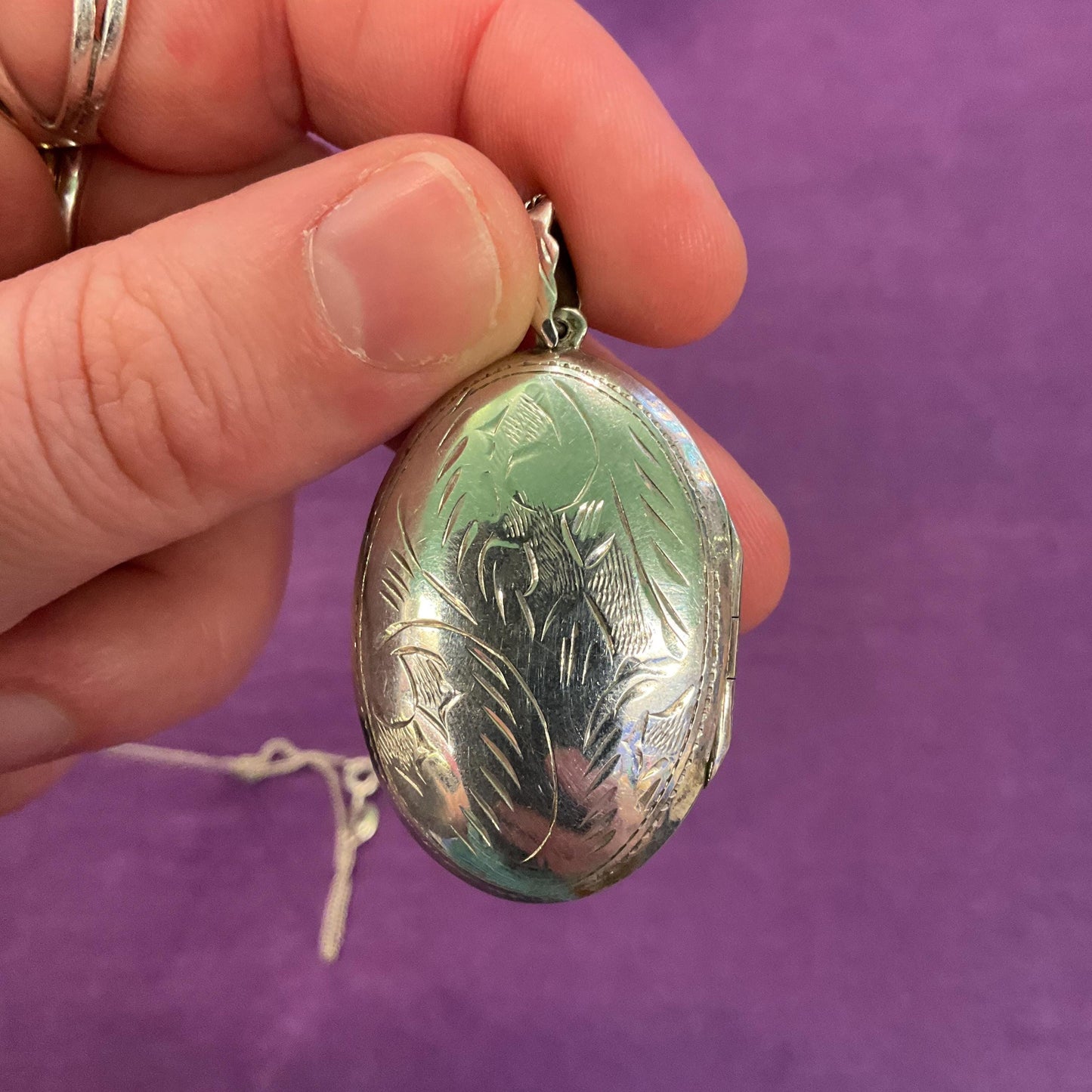Vintage Large Silver (925) Oval Locket, Foliate Engraving with Silver Chain