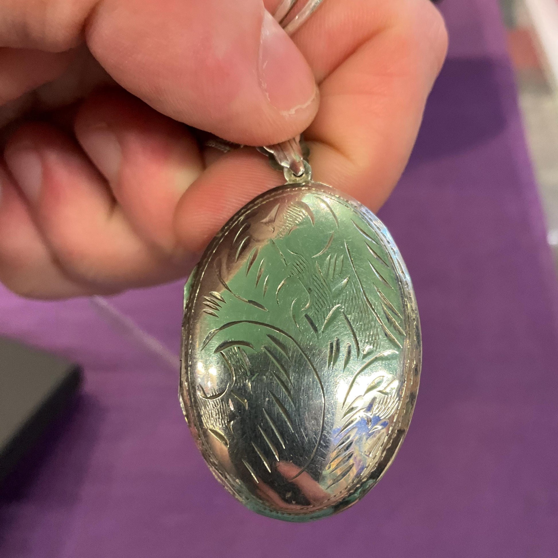 Vintage Large Silver (925) Oval Locket, Foliate Engraving with Silver Chain