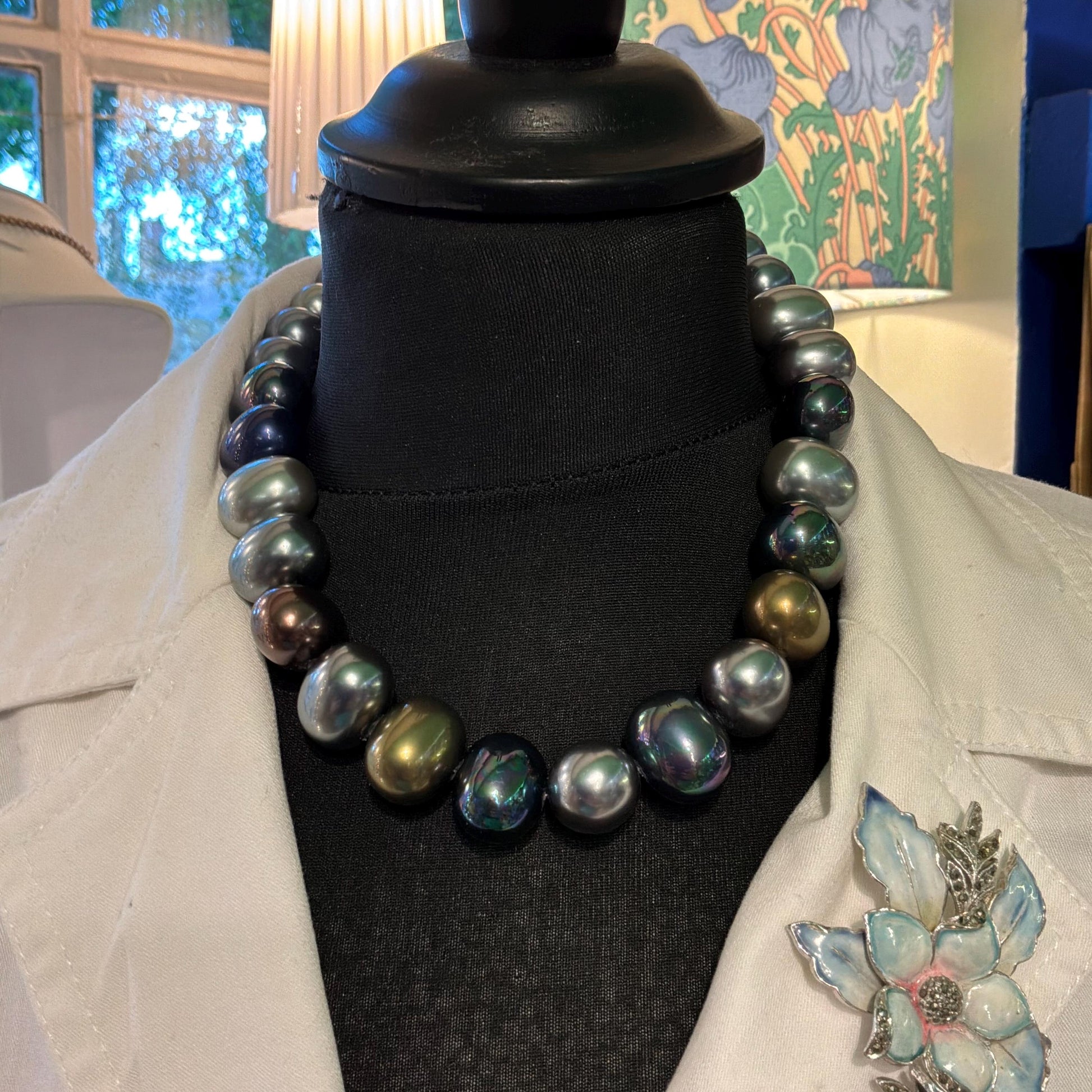 Vintage Butler and Wilson Metallic Lustre Statement Faux Pearl Necklace, Glass Faux Pearls in metallic, silver and peacock shades