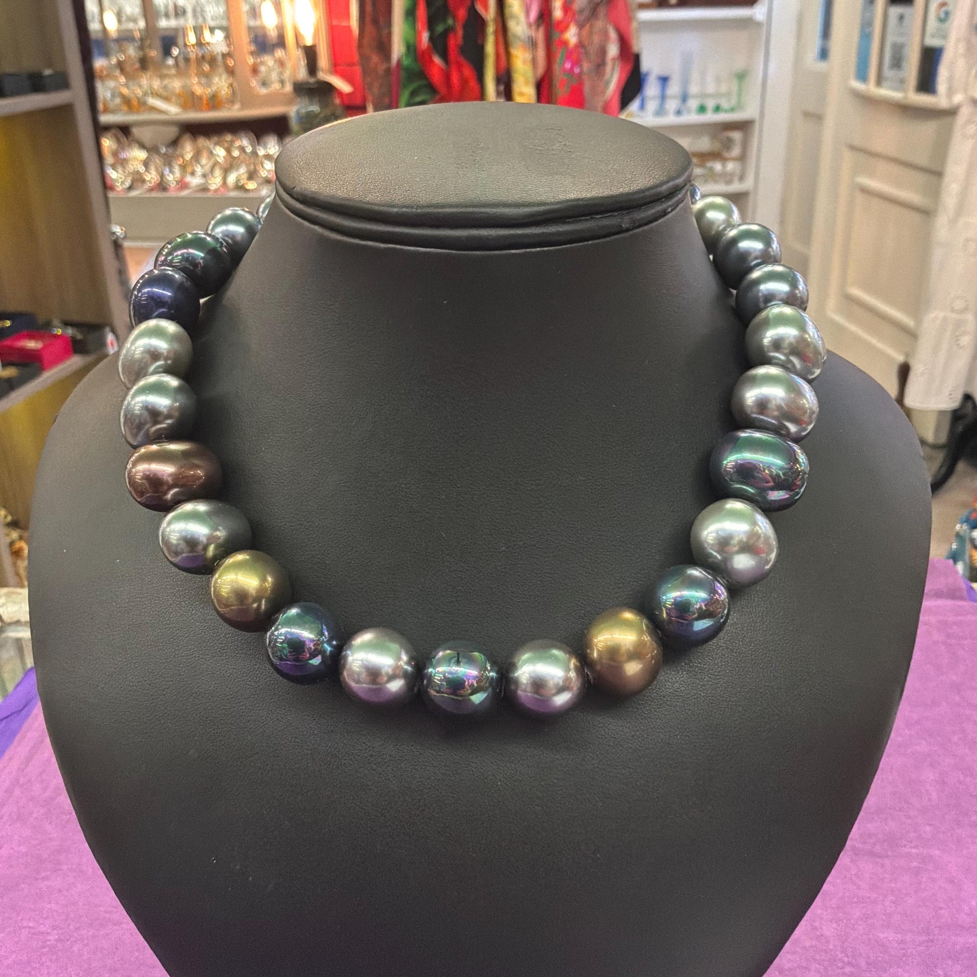 Vintage Butler and Wilson Metallic Lustre Statement Faux Pearl Necklace, Glass Faux Pearls in metallic, silver and peacock shades