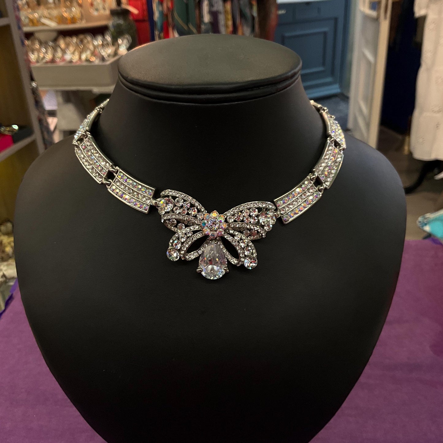 Vintage Butler and Wilson Silver Crystal Bow Panel Necklace, Art Deco Style with Borealis and Silver rhinestone Crystals