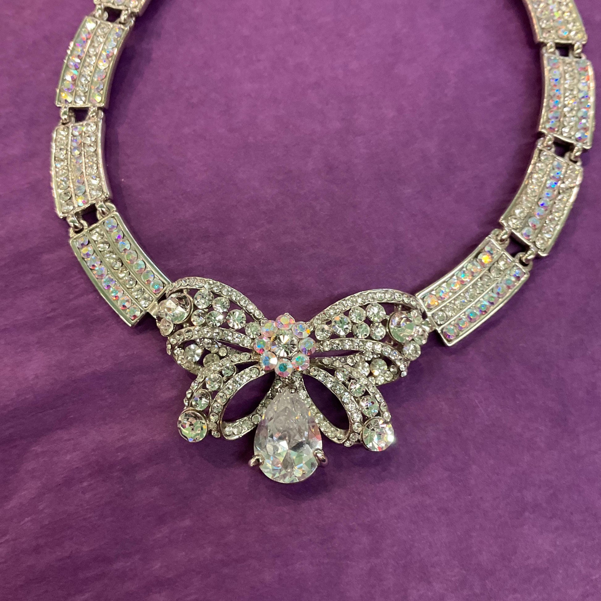 Vintage Butler and Wilson Silver Crystal Bow Panel Necklace, Art Deco Style with Borealis and Silver rhinestone Crystals