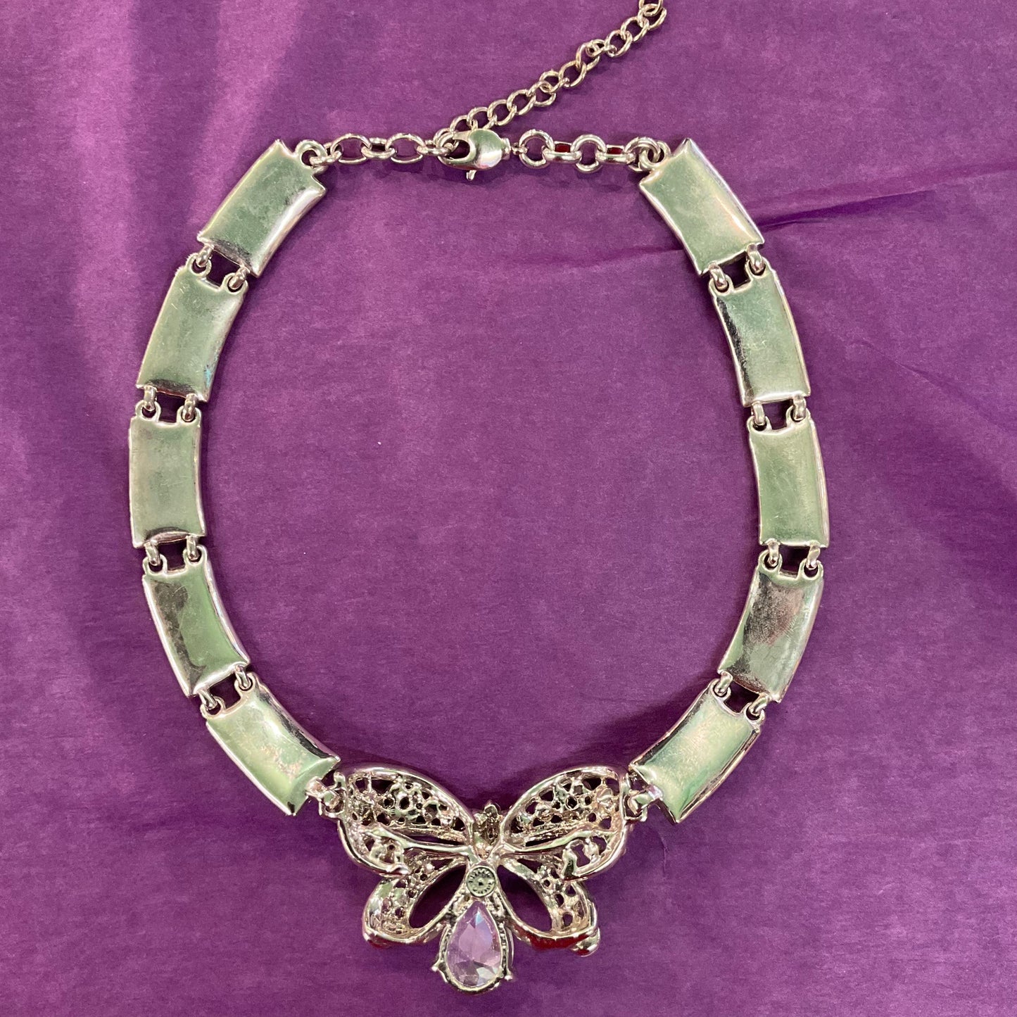 Vintage Butler and Wilson Silver Crystal Bow Panel Necklace, Art Deco Style with Borealis and Silver rhinestone Crystals