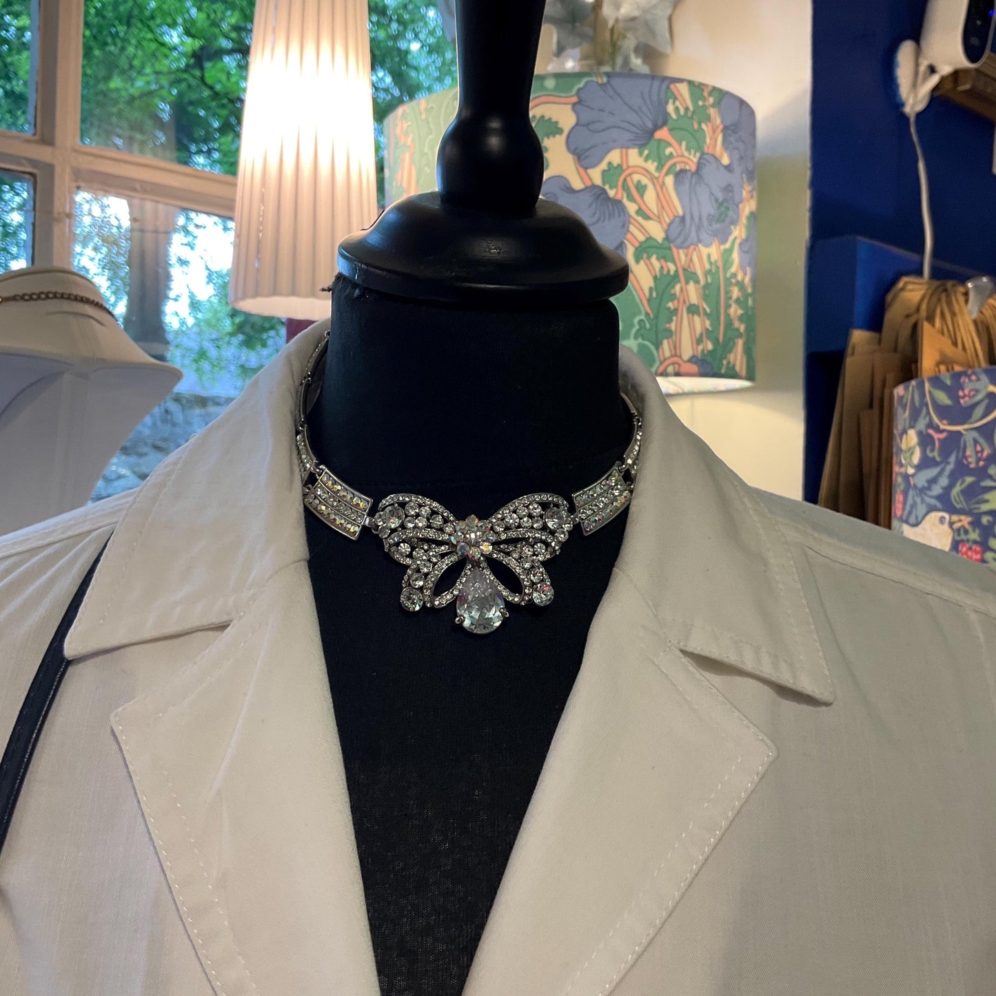 Vintage Butler and Wilson Silver Crystal Bow Panel Necklace, Art Deco Style with Borealis and Silver rhinestone Crystals