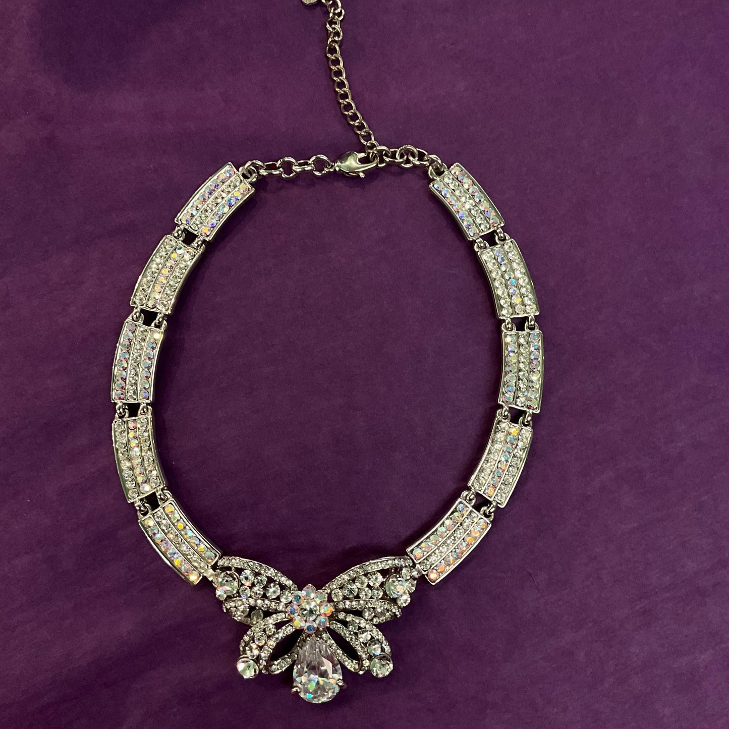 Vintage Butler and Wilson Silver Crystal Bow Panel Necklace, Art Deco Style with Borealis and Silver rhinestone Crystals