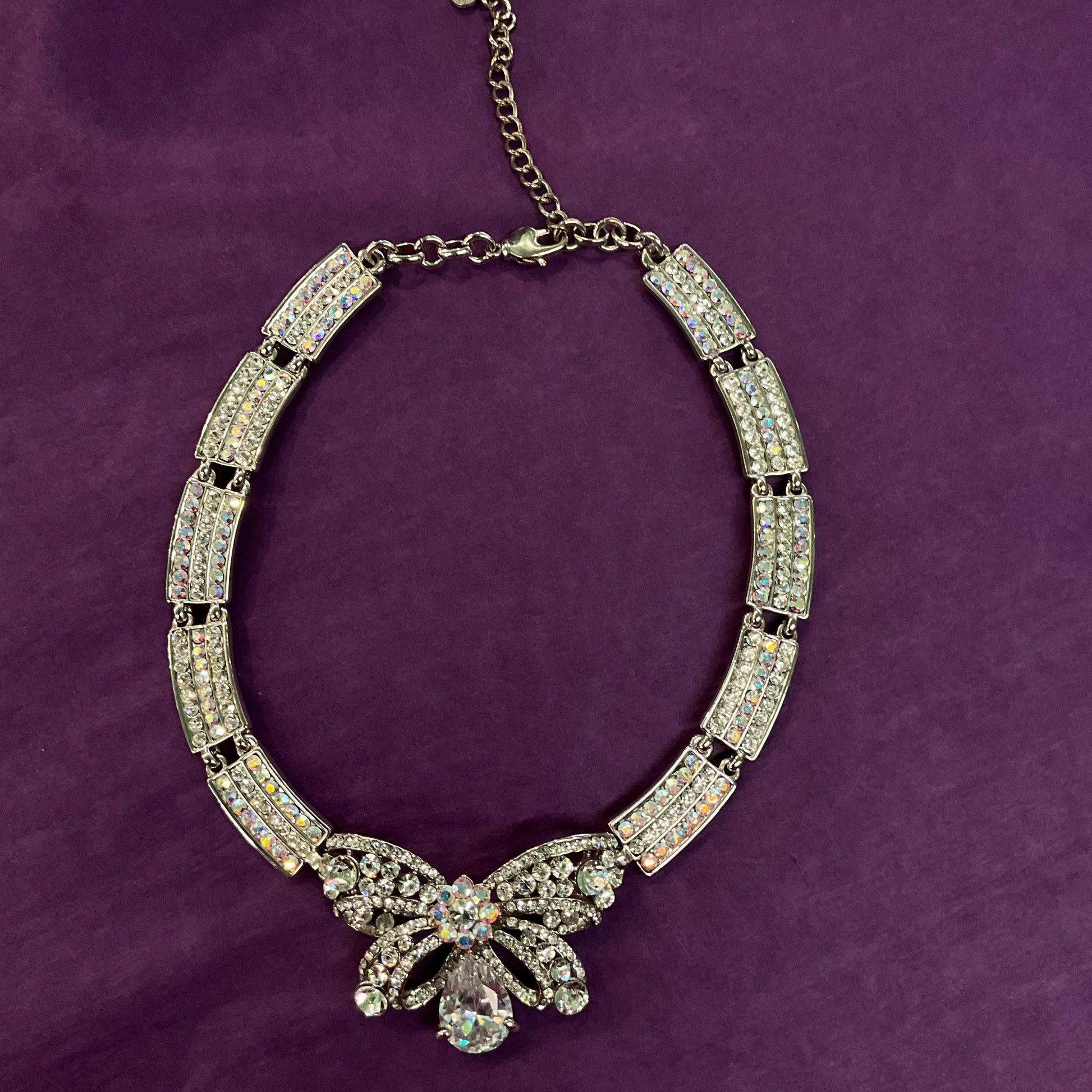 Vintage Butler and Wilson Silver Crystal Bow Panel Necklace, Art Deco Style with Borealis and Silver rhinestone Crystals
