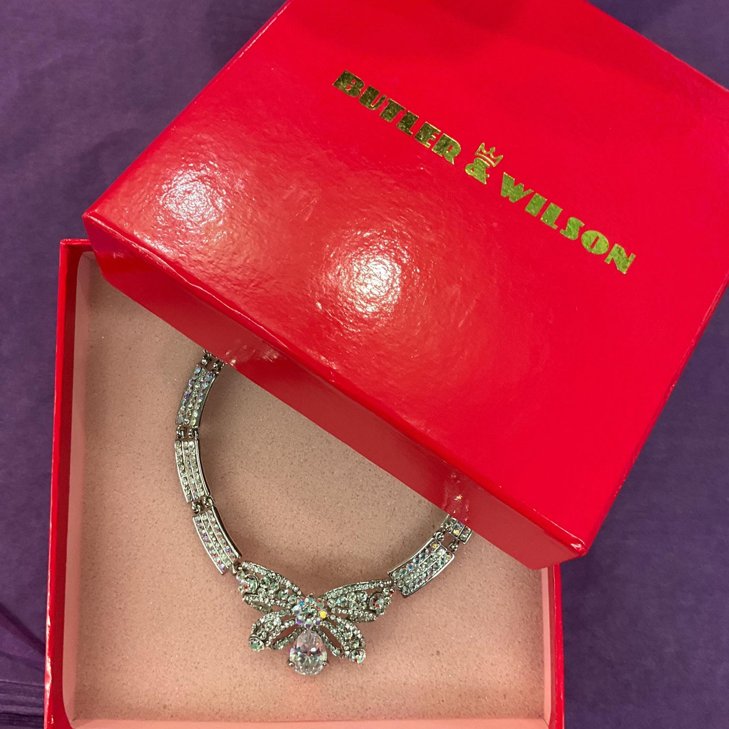 Vintage Butler and Wilson Silver Crystal Bow Panel Necklace, Art Deco Style with Borealis and Silver rhinestone Crystals