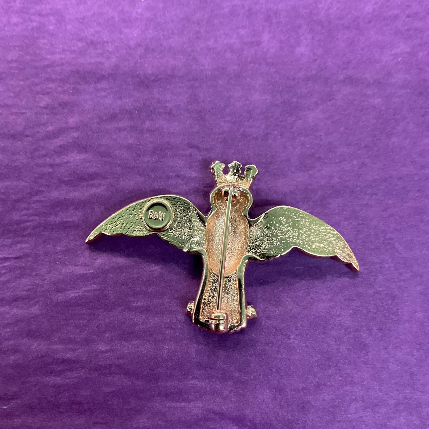 Vintage Butler and Wilson Royal Owl Crystal Brooch, Gold tone with silver and red rhinestones