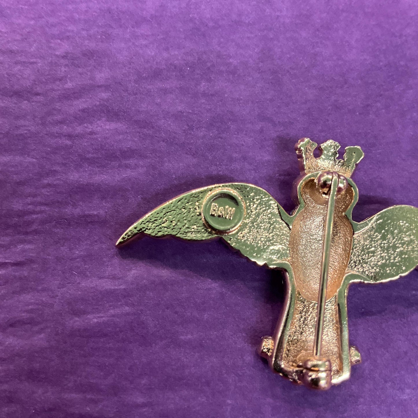 Vintage Butler and Wilson Royal Owl Crystal Brooch, Gold tone with silver and red rhinestones