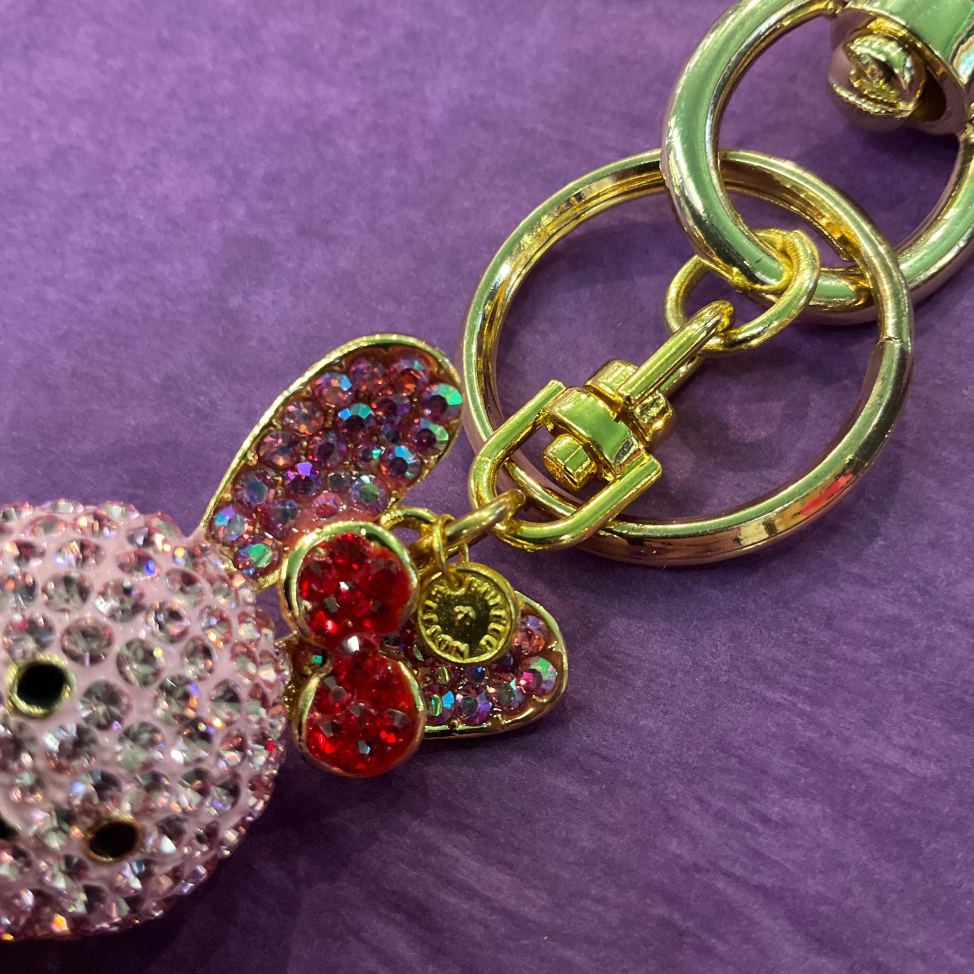 Vintage Butler and Wilson Pink Crystal Bunny Rabbit Handbag Charm or Keyring, Gold tone with Borealis Crystals and Enamel