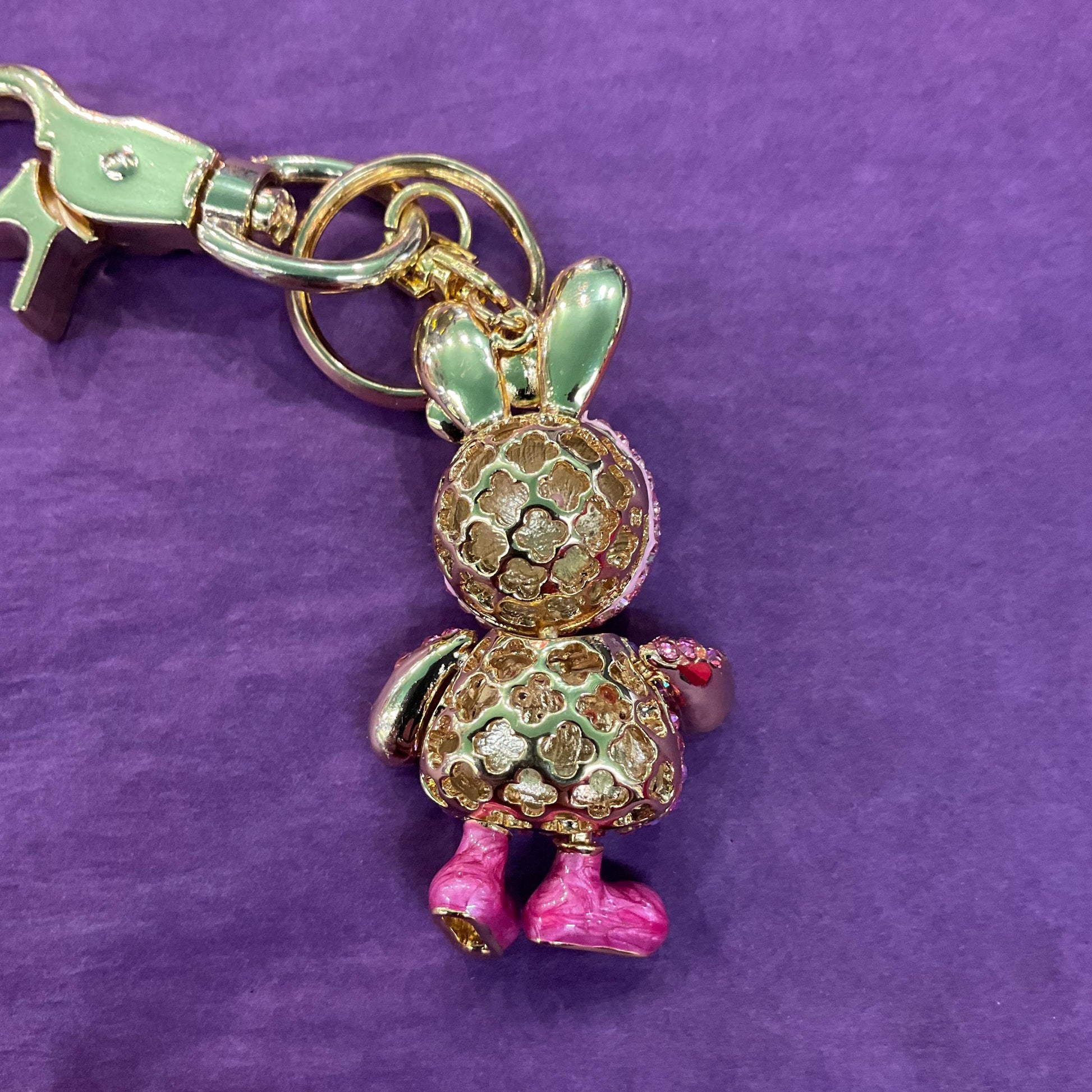 Vintage Butler and Wilson Pink Crystal Bunny Rabbit Handbag Charm or Keyring, Gold tone with Borealis Crystals and Enamel