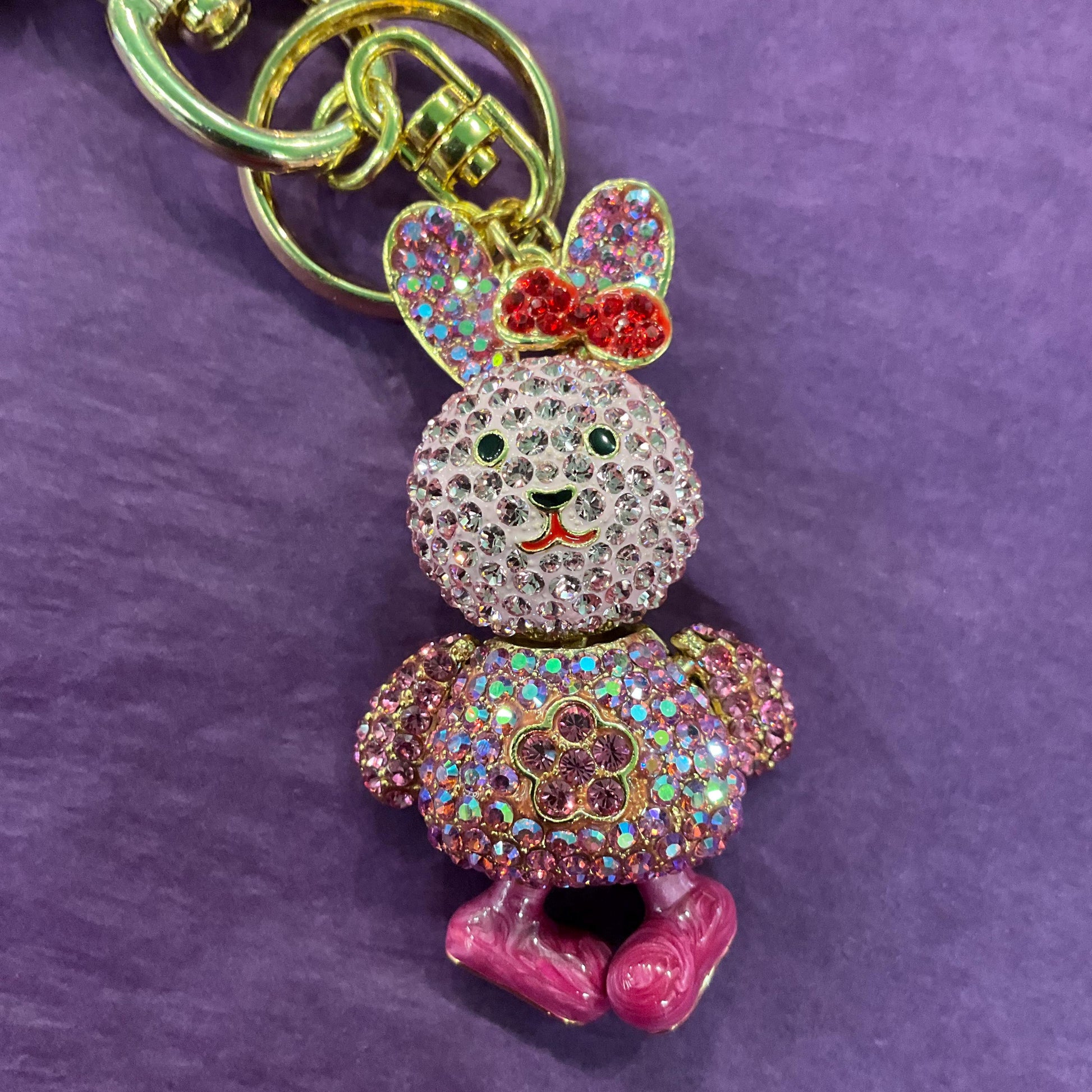 Vintage Butler and Wilson Pink Crystal Bunny Rabbit Handbag Charm or Keyring, Gold tone with Borealis Crystals and Enamel