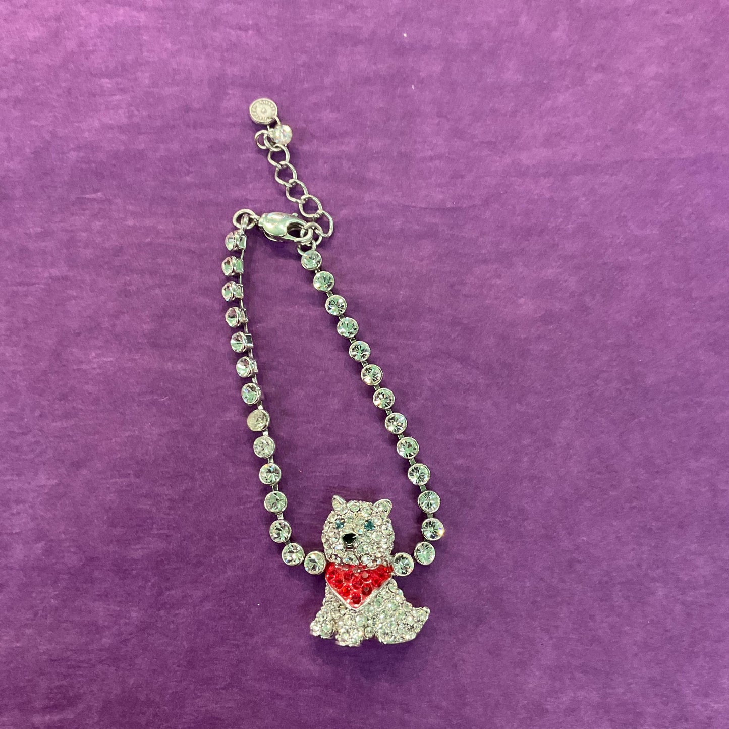 Vintage Butler and Wilson Crystal Scottie Dog Tennis Bracelet, Silver Tone with silver, red and green crystal rhinestones