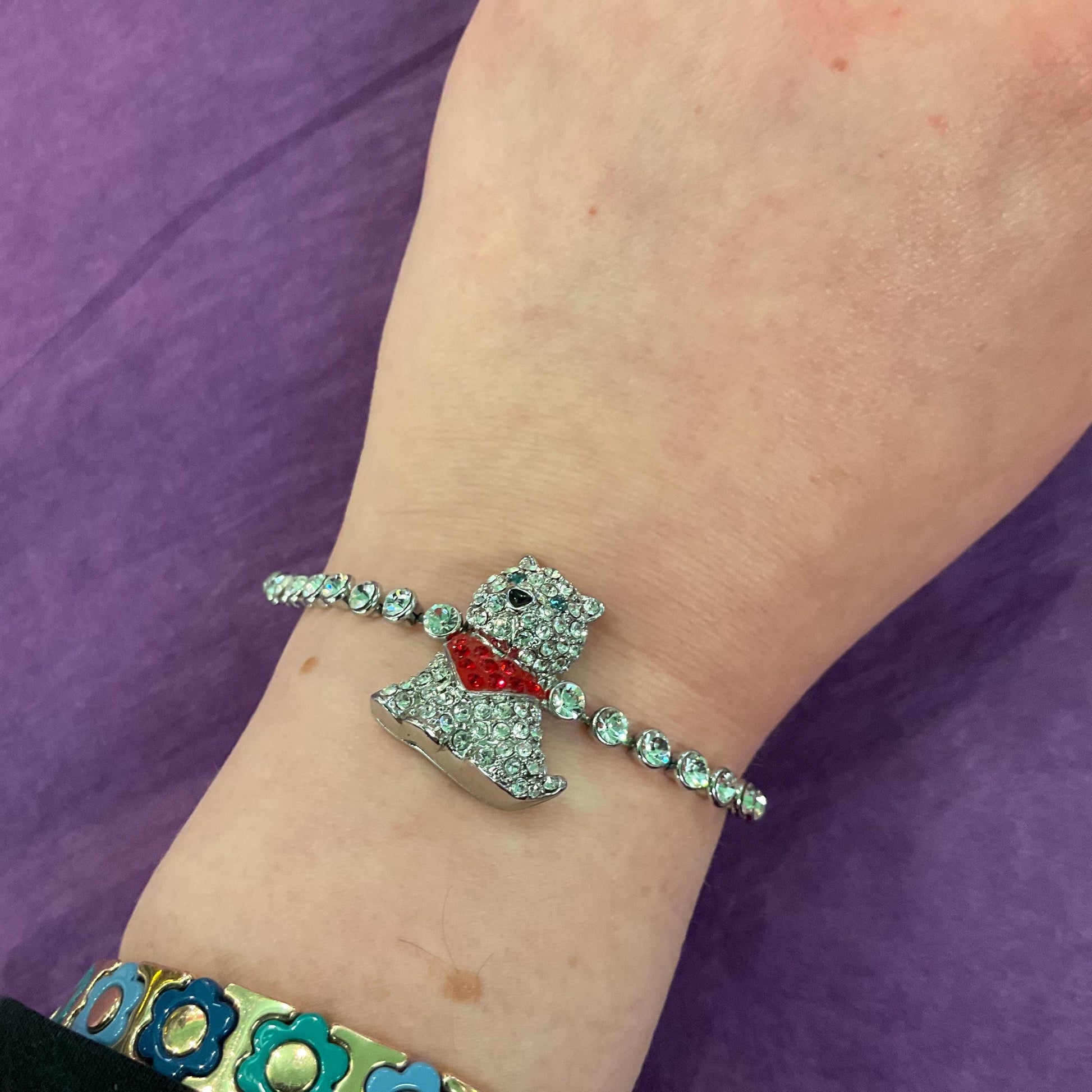 Vintage Butler and Wilson Crystal Scottie Dog Tennis Bracelet, Silver Tone with silver, red and green crystal rhinestones
