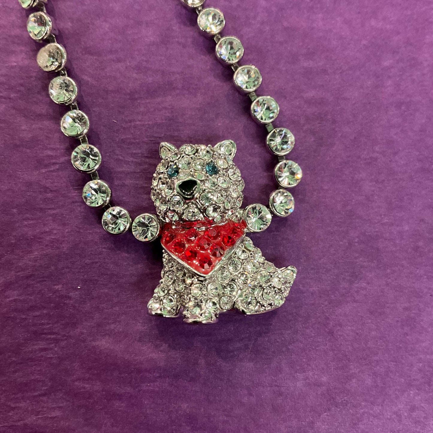 Vintage Butler and Wilson Crystal Scottie Dog Tennis Bracelet, Silver Tone with silver, red and green crystal rhinestones