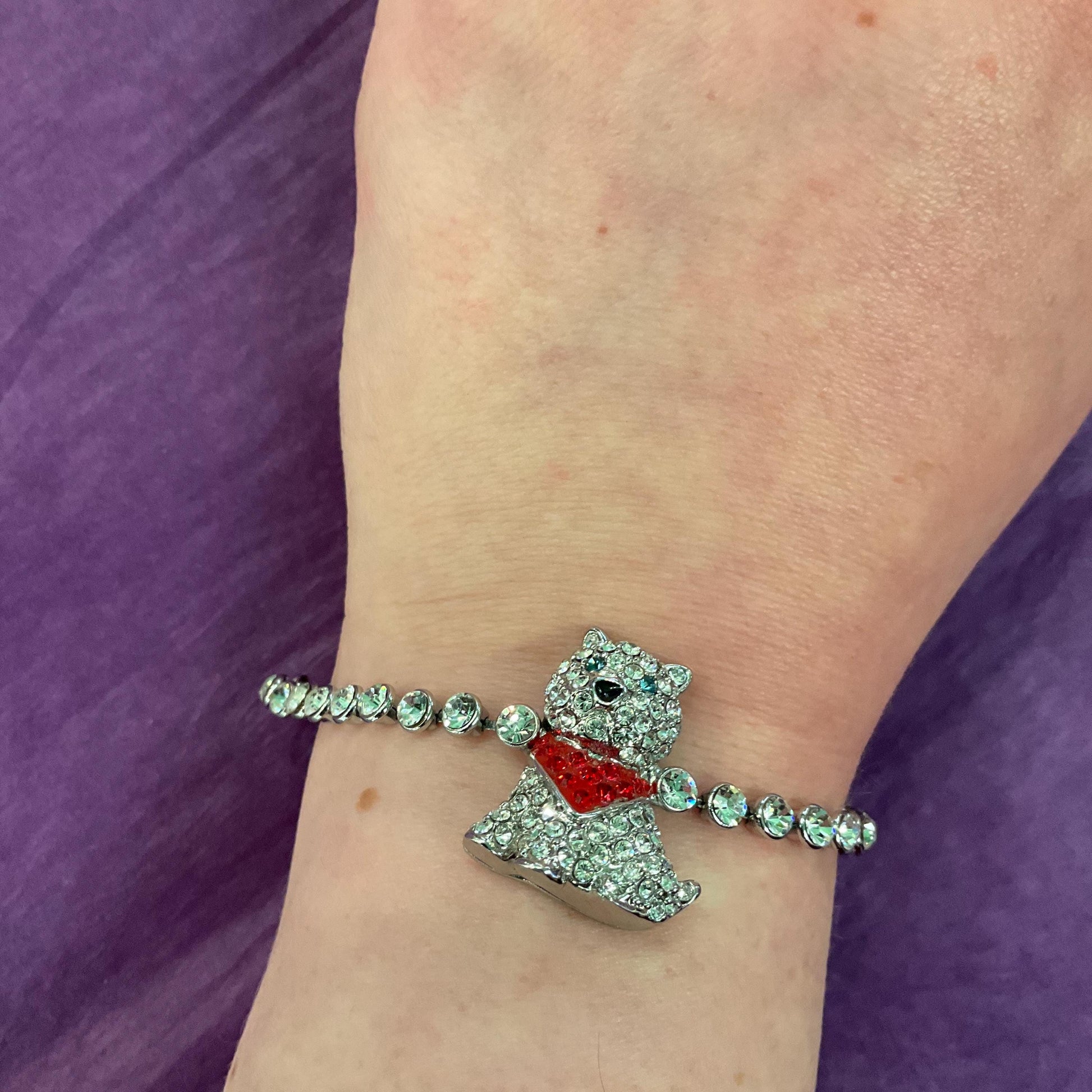 Vintage Butler and Wilson Crystal Scottie Dog Tennis Bracelet, Silver Tone with silver, red and green crystal rhinestones