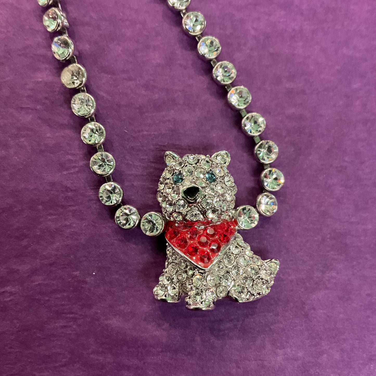 Vintage Butler and Wilson Crystal Scottie Dog Tennis Bracelet, Silver Tone with silver, red and green crystal rhinestones