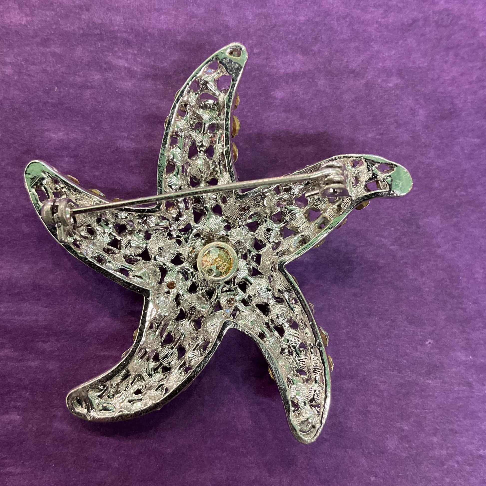 Vintage Butler and Wilson Large Crystal Starfish Brooch, Silver tone with silver and Aurora Borealis Rhinestones, Sustainable Gift