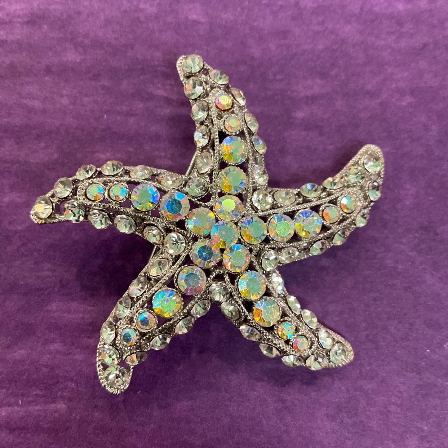 Vintage Butler and Wilson Large Crystal Starfish Brooch, Silver tone with silver and Aurora Borealis Rhinestones, Sustainable Gift