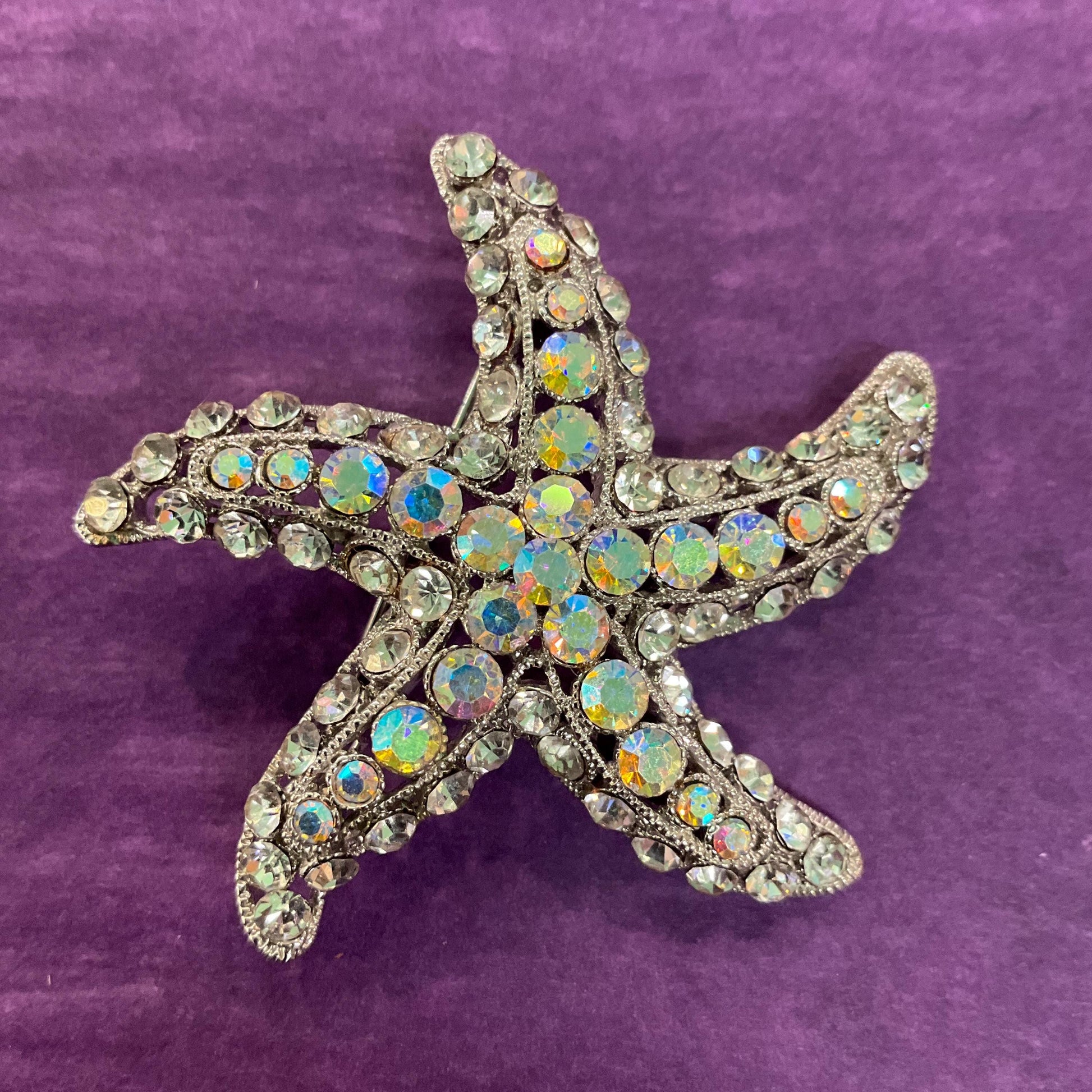 Vintage Butler and Wilson Large Crystal Starfish Brooch, Silver tone with silver and Aurora Borealis Rhinestones, Sustainable Gift