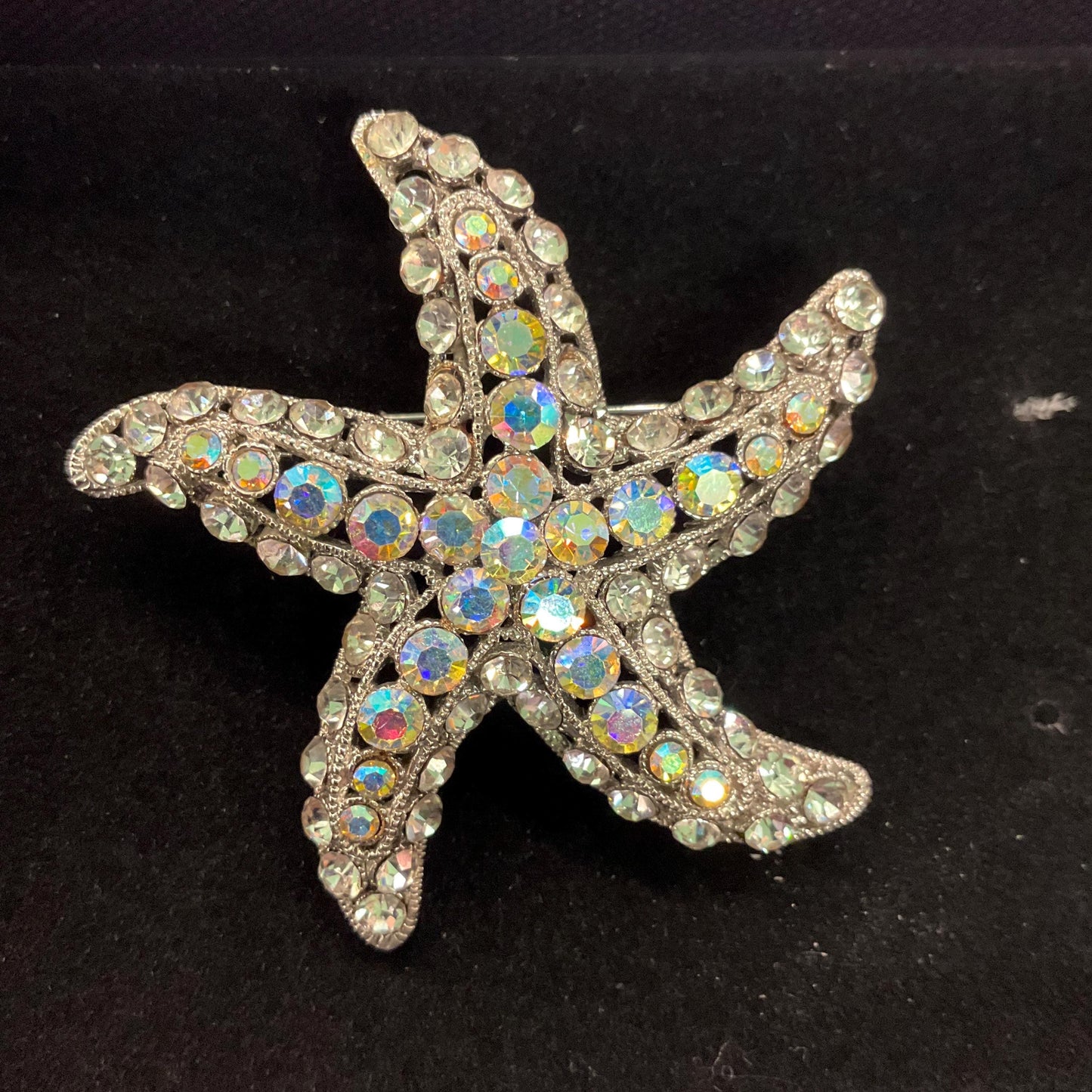 Vintage Butler and Wilson Large Crystal Starfish Brooch, Silver tone with silver and Aurora Borealis Rhinestones, Sustainable Gift