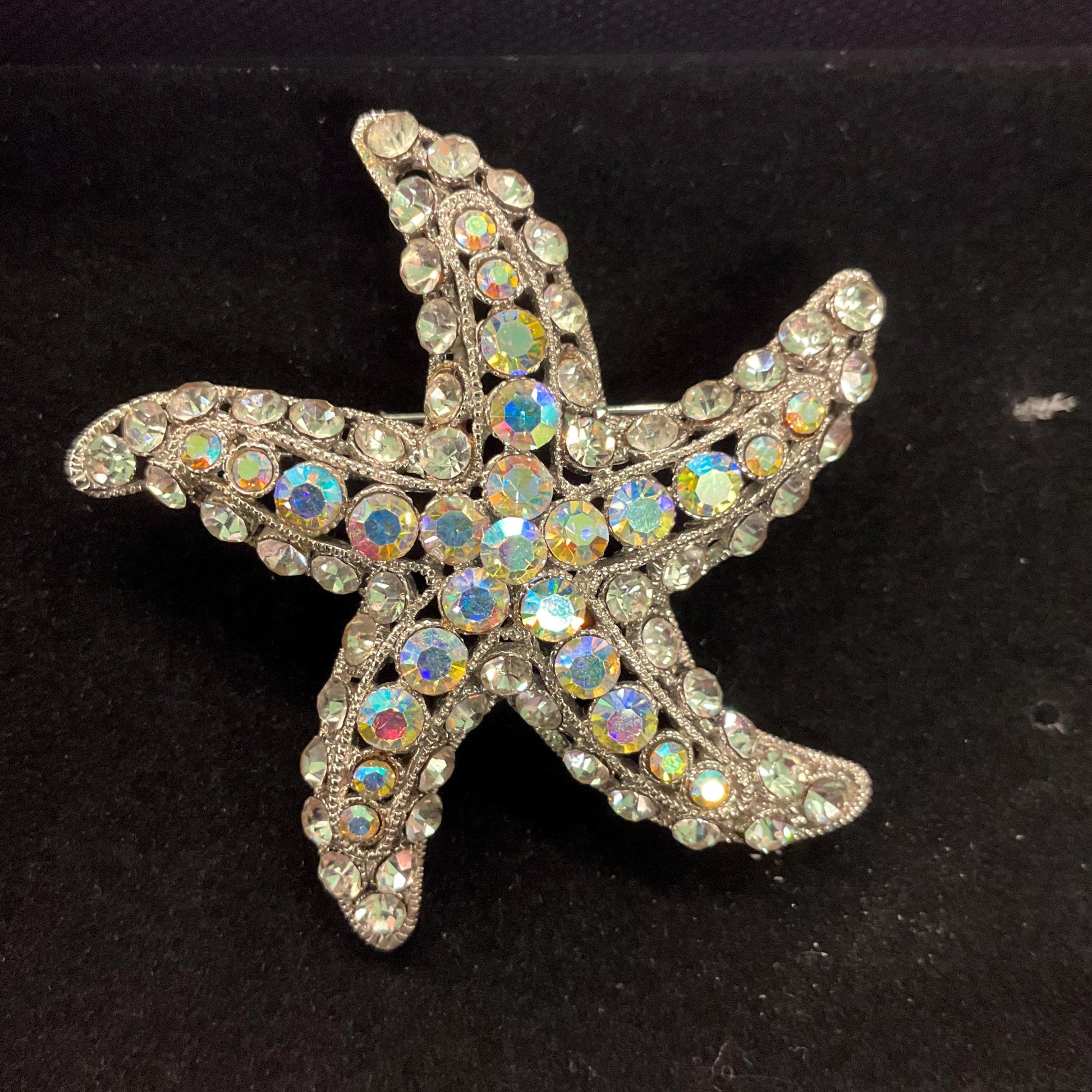 Vintage Butler and Wilson Large Crystal Starfish Brooch, Silver tone with silver and Aurora Borealis Rhinestones, Sustainable Gift