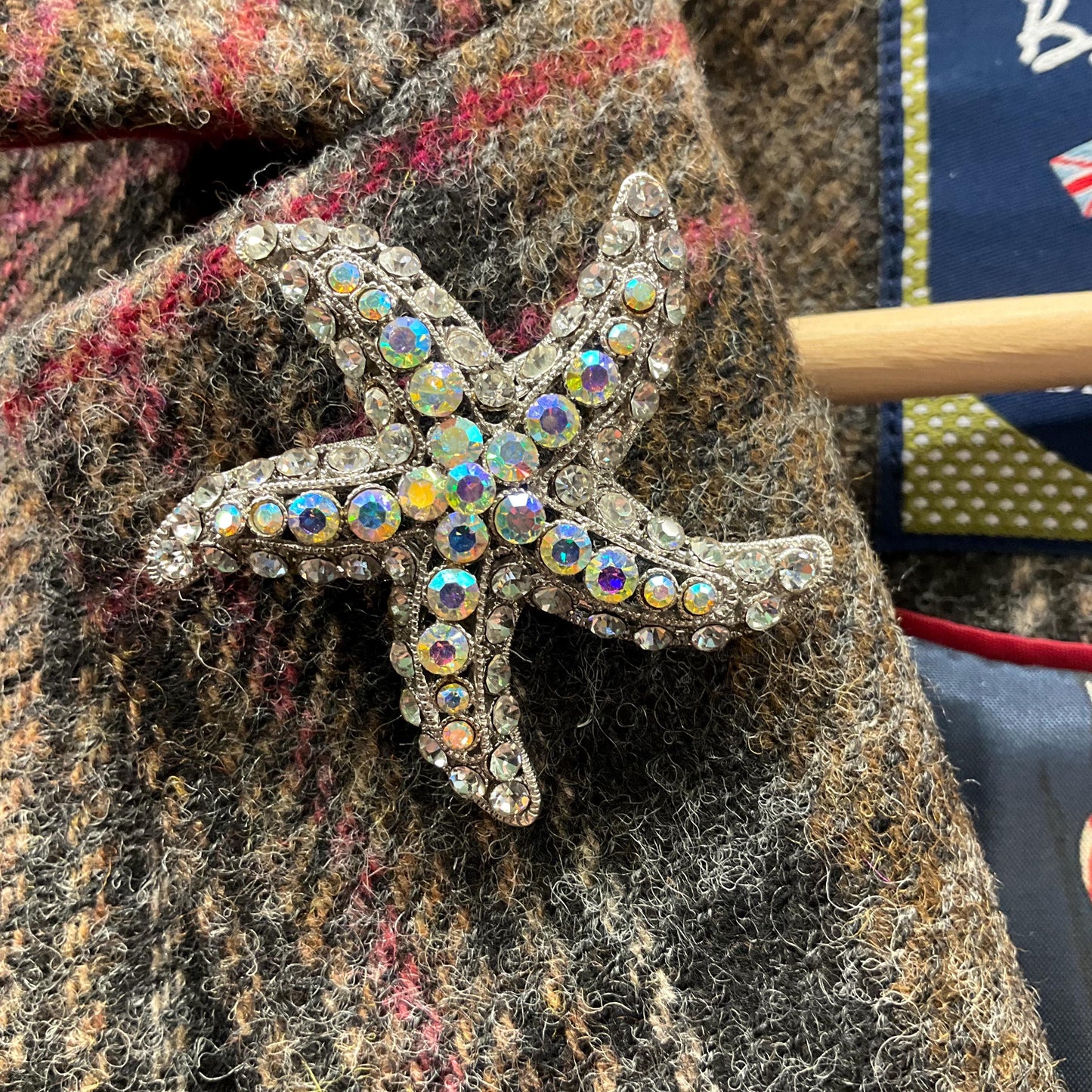 Vintage Butler and Wilson Large Crystal Starfish Brooch, Silver tone with silver and Aurora Borealis Rhinestones, Sustainable Gift