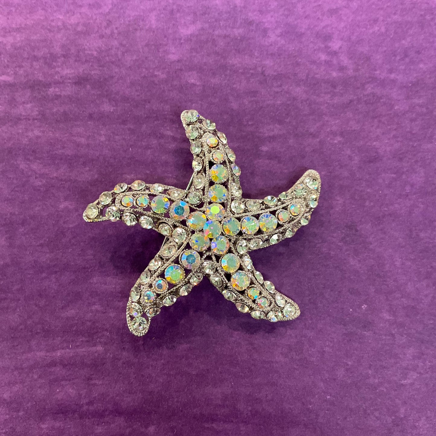 Vintage Butler and Wilson Large Crystal Starfish Brooch, Silver tone with silver and Aurora Borealis Rhinestones, Sustainable Gift