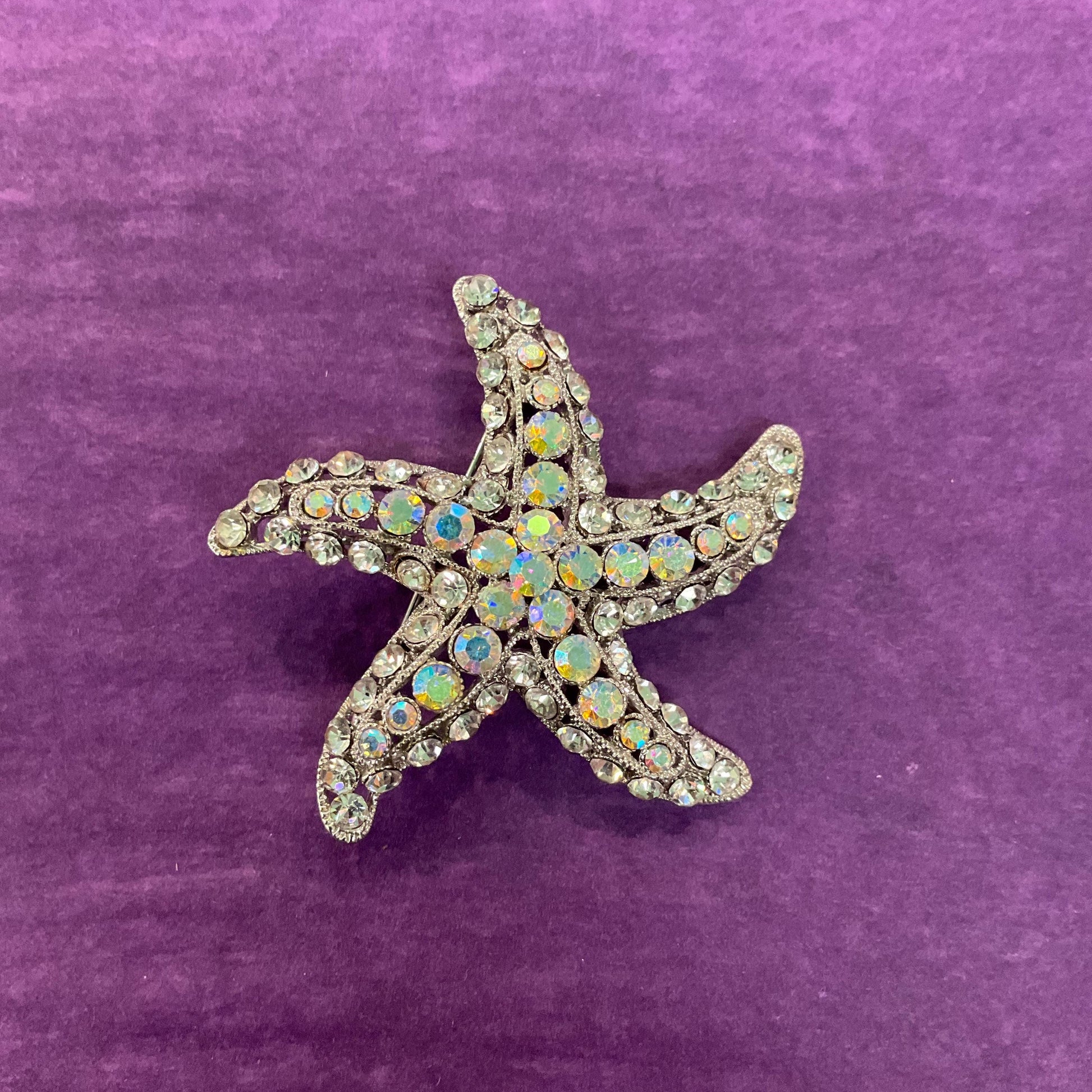 Vintage Butler and Wilson Large Crystal Starfish Brooch, Silver tone with silver and Aurora Borealis Rhinestones, Sustainable Gift