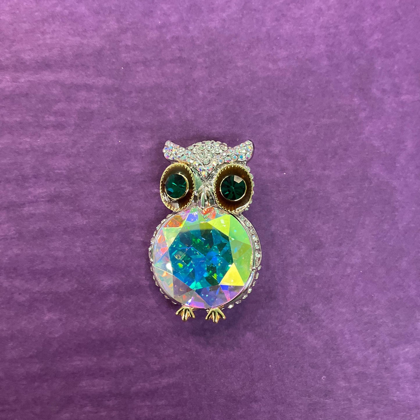 Vintage Butler and Wilson Large Crystal Owl Brooch, Silver To e with Green and Borealis Crystals and Rhinestones, Sustainable Gift
